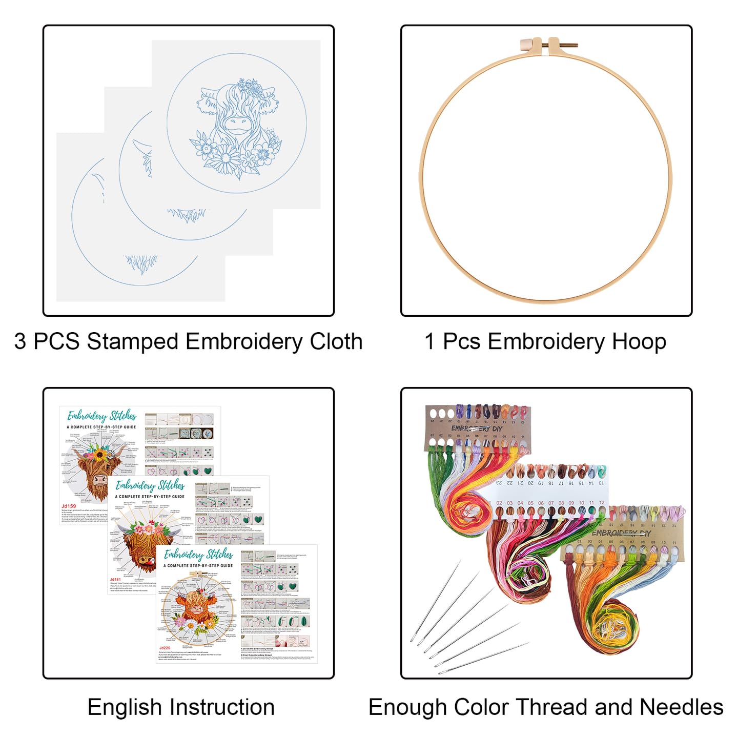 Louise Maelys 3 Sets Highland Cow Embroidery Kits for Beginners,Cross Stitch Kit for Adults,Starters DIY Needlepoint Including Embroidery Hoop Cloth Needles Instruction and Threads