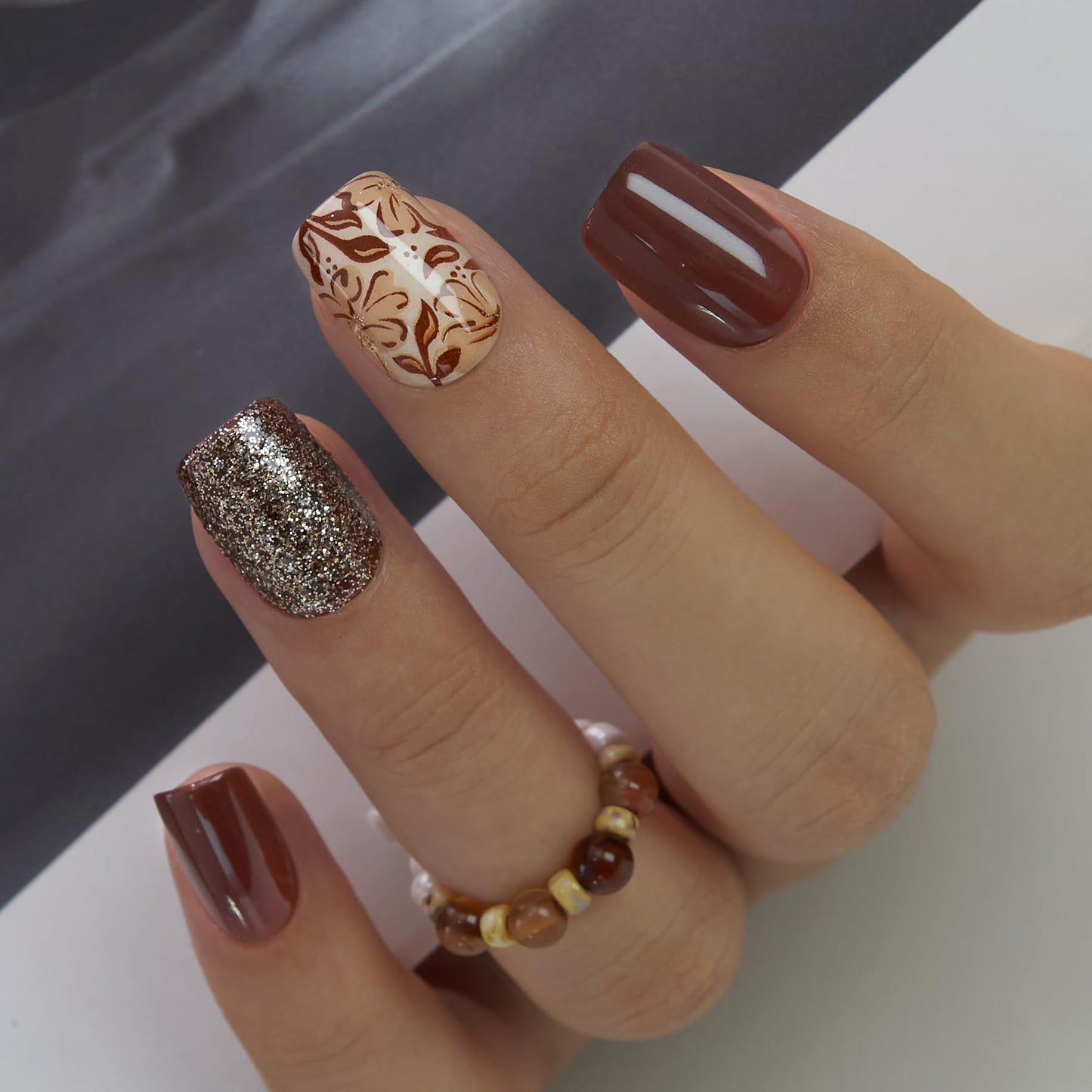 Curvlife Soft Gel Square Press On Nails Short – Reusable False Natural Fit Fake Nails Tips Stick Ons, Salon Quality UV Finish (Brown Floral and Glitter Nails, Short)