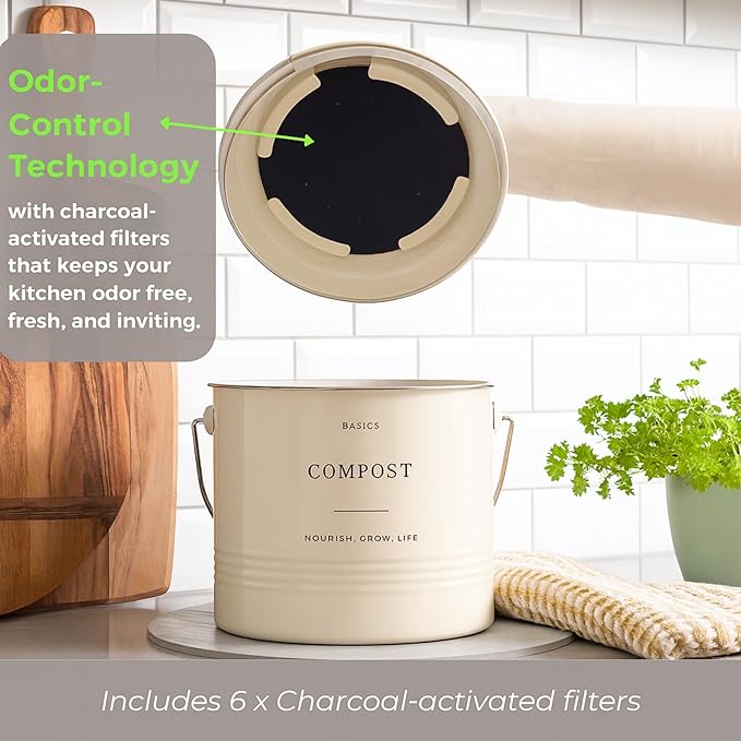 D'Lifeful Kitchen Compost Bin – 1.3 Gallon Countertop Farmhouse Compost Container with Lid – Odorless Indoor Food Scrap Pail with 6 Charcoal Filters – Eco-Conscious and Easy to Clean (Cream)