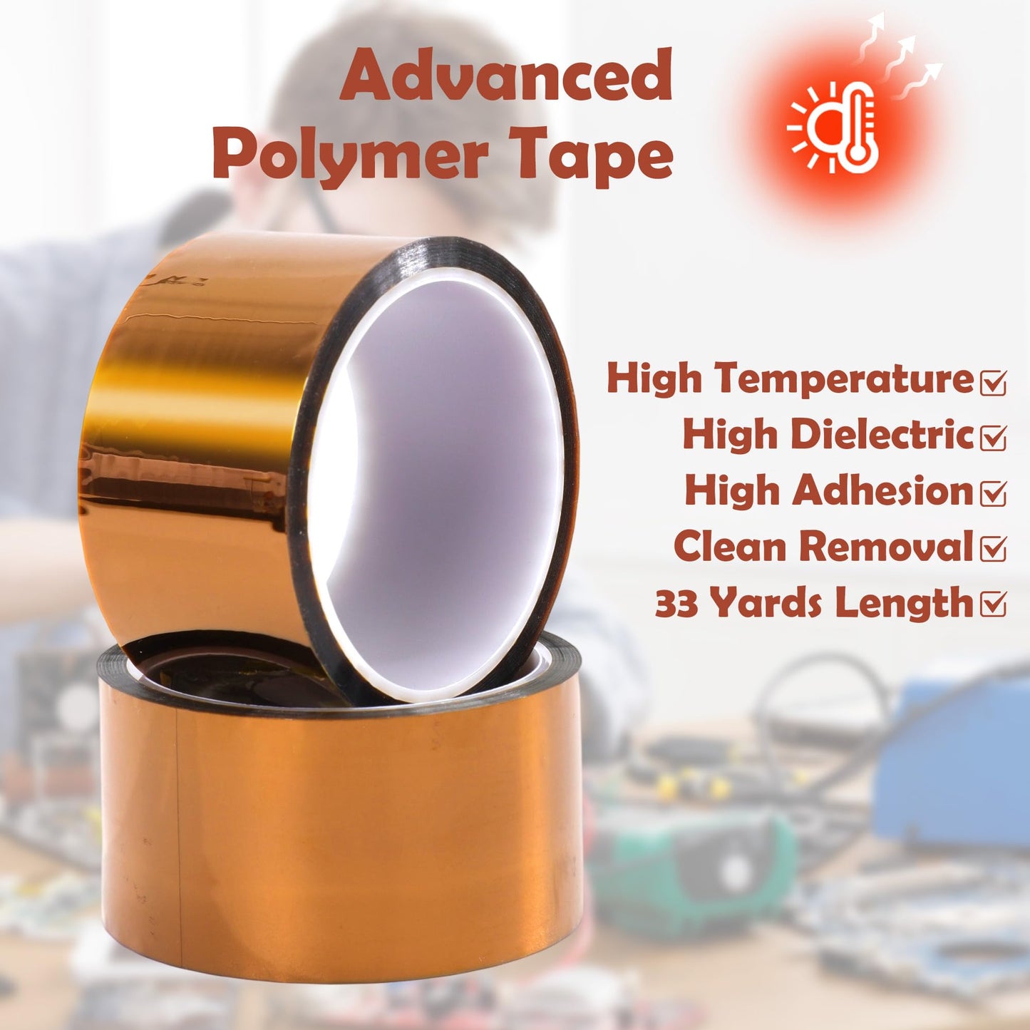 XIISVINT 2 Rolls Heat Transfer Tape High-500 Fahrenheit Degree Heat Resisitant Adhesive Temperature Polyimide Tape for Soldering Electrical Masking 3D Printer Application