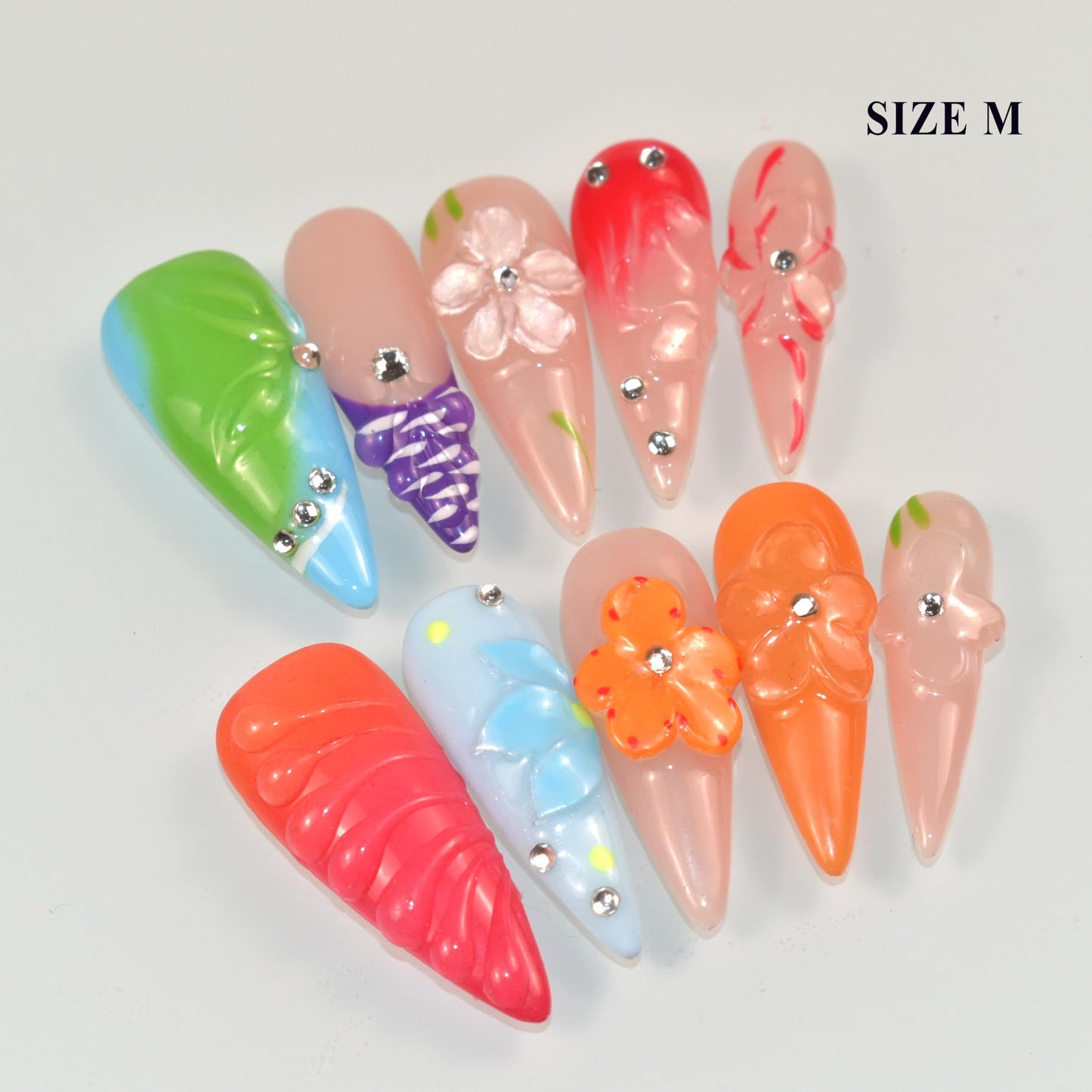 LIFOOST Handmade Press On Nails Long Stiletto Fake Nails Glue Stick On Nails with Flowers Bling Rhinestones