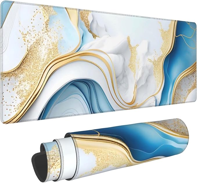 Swirl of Blue Gold Marble Extended Big Mouse Pad Large,XL Gaming Mouse Pad Desk Pad,31.5x11.8inch Long Computer Keyboard Mouse Mat Mousepad with 3mm Non-Slip Base for Home Office Work