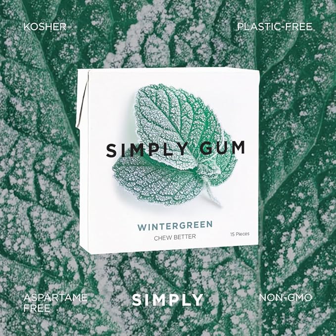 SIMPLY Gum Wintergreen, Plastic-Free Natural Chewing Gum, 6 Pack (90 Pieces) | Vegan, Kosher, Non GMO, Aspartame Free and Sorbitol Free