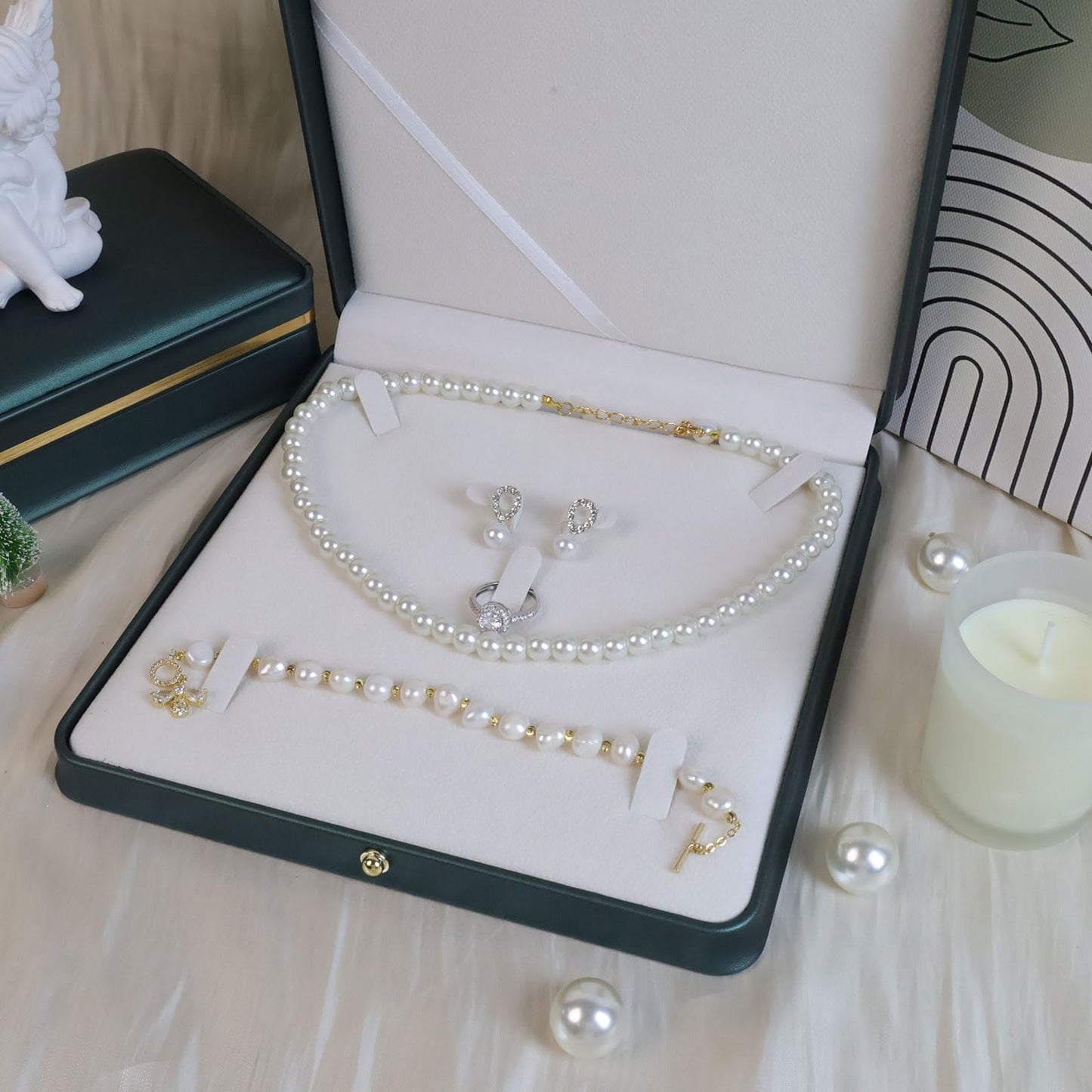 MY MIRONEY Big PU Leather Wedding Jewelry Sets Box Blackish Green Necklace Earring Ring Display Case Bracelet Storage Holder Jewelry Box Storage Organizer (7.48" x 7.48" x 1.57")