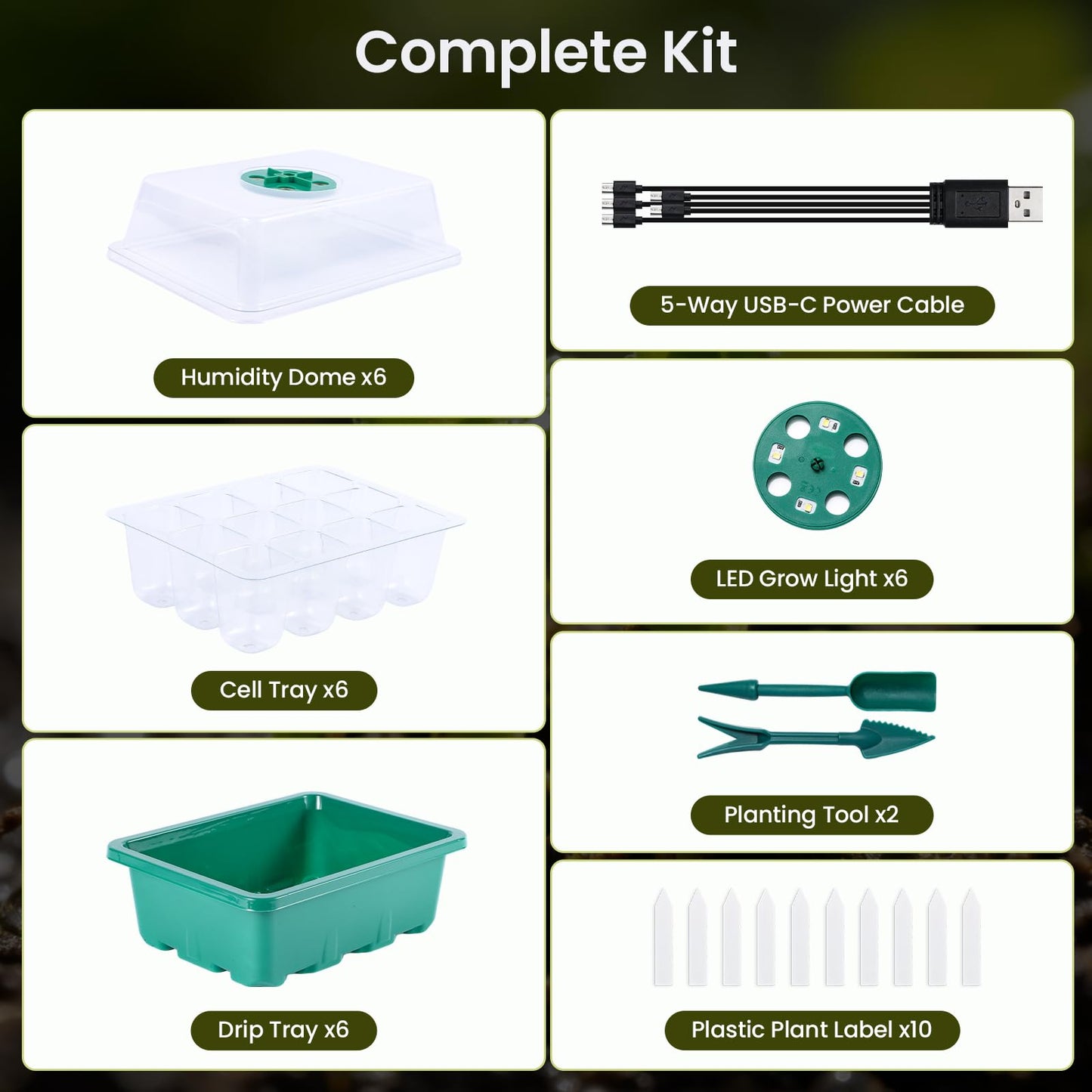 ATEUNJLR 5 Pack Seed Starter Kit with Grow Lights & 3.9" Humidity Domes, 72 Cells Indoor Germination Trays, Full Spectrum Adjustable LED, Reusable Plant Starter System for Year-Round Gardening