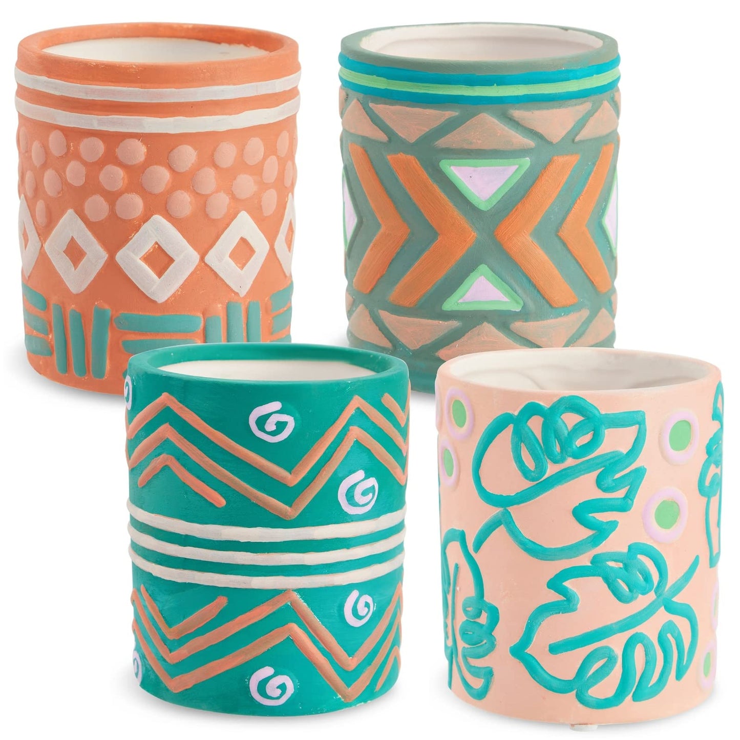 Bright Creations - Themed Designs, Unpainted Flower Pots with Drainage Holes, Rubber Plugs, and Small Sticker Pads (3x3x4 inches, White) - Set of 4