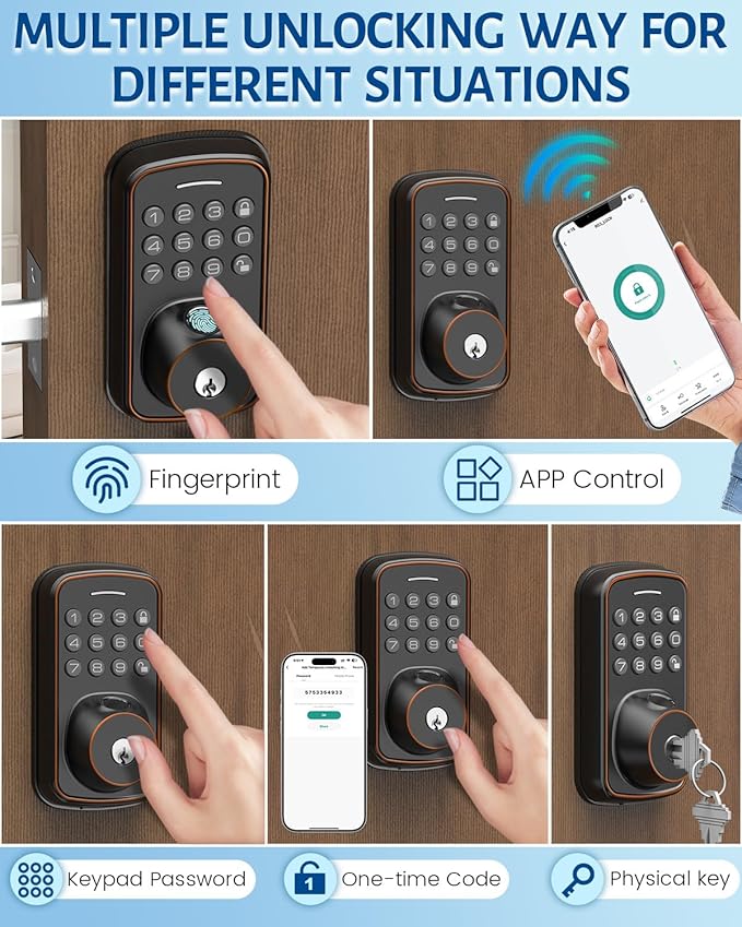 Keyless Entry Door Lock with Handle Set, Smart Door Lock with Fingerprint, 5 in 1 Unlock, Auto Lock Biometric Fingerprint Door Lock for Front Door, Easy Installation (Gold Black)