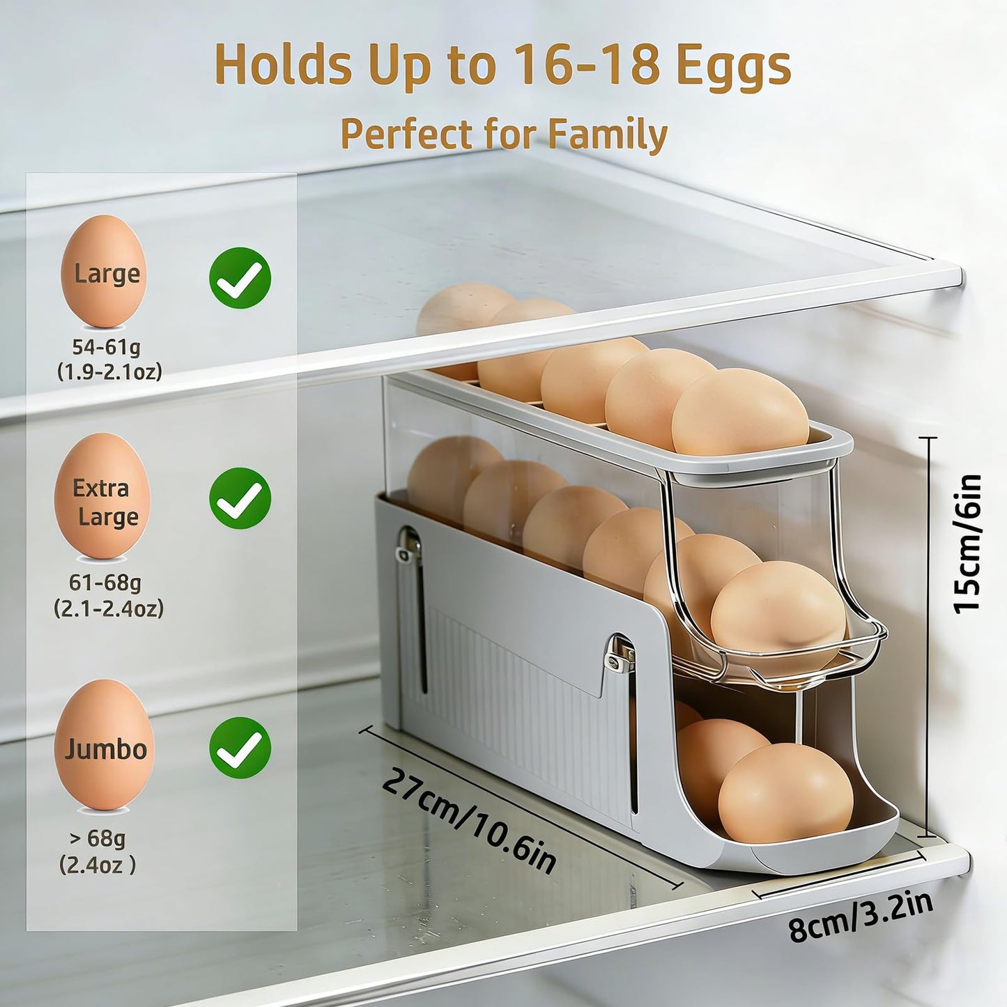 Printe Egg Holder for Fridge, Rolling Egg Holder for Refrigerator, Automatic Egg Dispenser Organizer, Egg Storage Container Rack for Refrigerator Countertop, Space Saving Fridge Organizer （Grey）