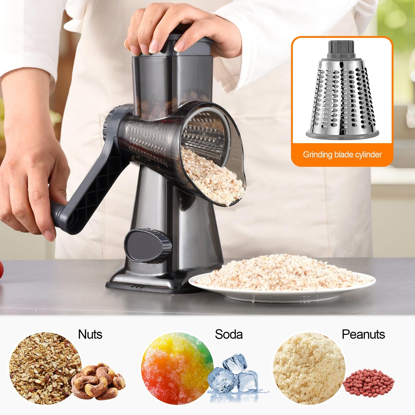 LIOZERIA Rotary Cheese Grater Hand Crank with Suction Base | 3-in-1 Safe Shredder for Cheese, Vegetables & Nuts, Easy to Clean