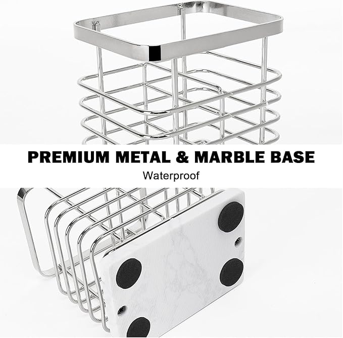 HarJue Toothbrush Holder, Luxurious Metal Toothbrush Toothpaste Holder with Marble Base for Bathroom, Multi-Slots Openwork Design, Bathroom Accessory for Storage and Organizer (Small, Chrome)
