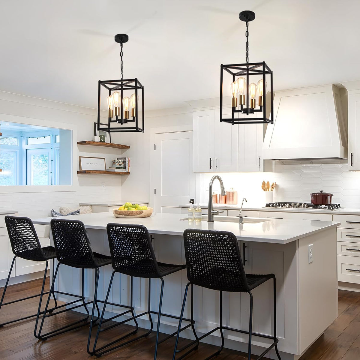 Lantern Pendant Light, 4-Light Gold Chandelier,Modernized Ceiling Hanging Light Fixture for Bedroom Kitchen Island Foyer Living Room Dining Room Hallway