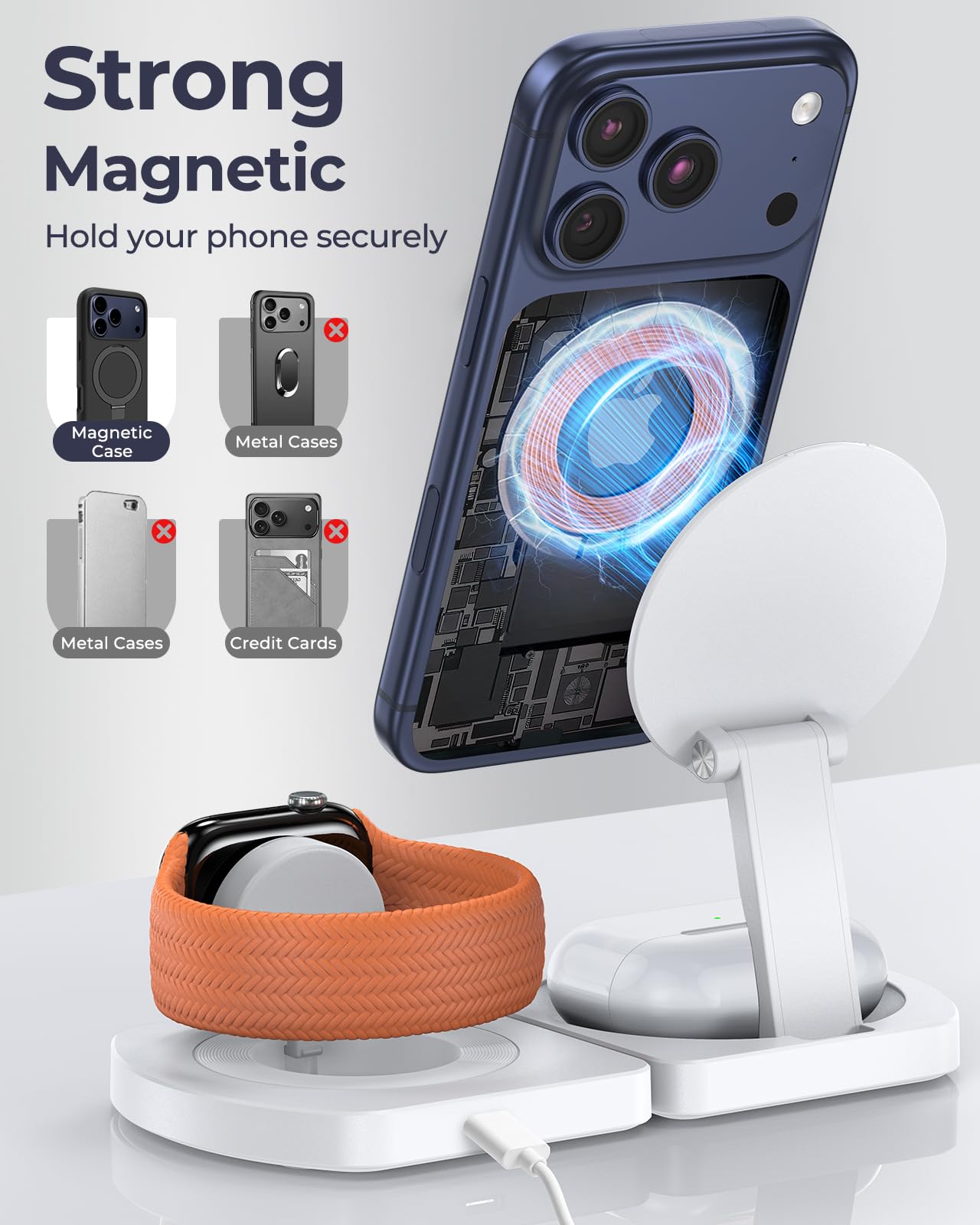 EGV Wireless Charger for iPhone, 3-in-1 Magnetic Charging Station for Apple, MagSafe Charger Stand for iPhone 17 Air 16 15 14 13 12 Series, Airpods Pro, Apple Watch Ultra, Foldable, No Adapter, White