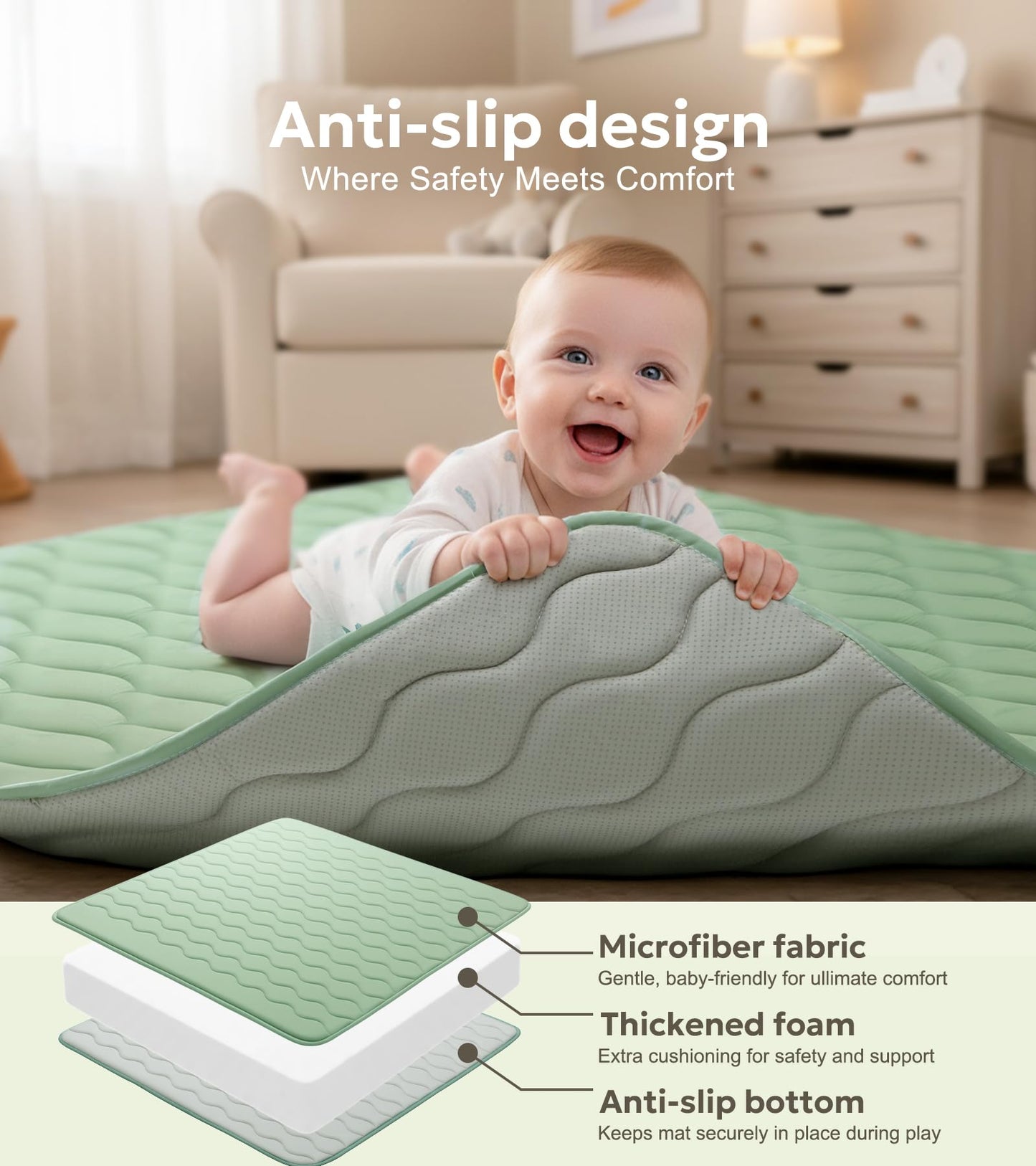 Mallify Baby Play Mat 50"x50", Non-Slip Baby Mat for Floor, Soft Thicker Playpen Mat, Portable Playmat, Crawling Mat for Infants, Babies, Toddlers, Activity Mat, Green