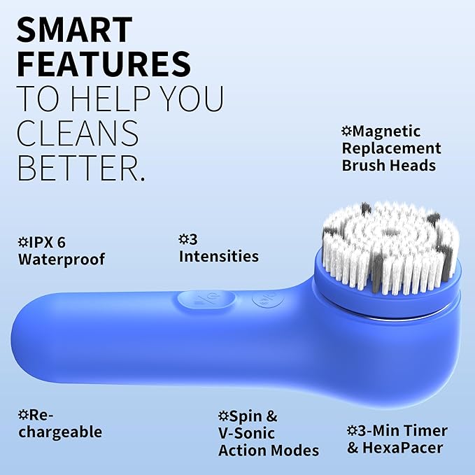 Spinning & V-Sonic Face Scrubber, NågraCoola 3.0 Facial Cleansing Brush, Waterproof & Rechargeable Face Scrub Brush for Men & Women with 3 Brushes, 3 Intensities, 2 Action Modes - Blue