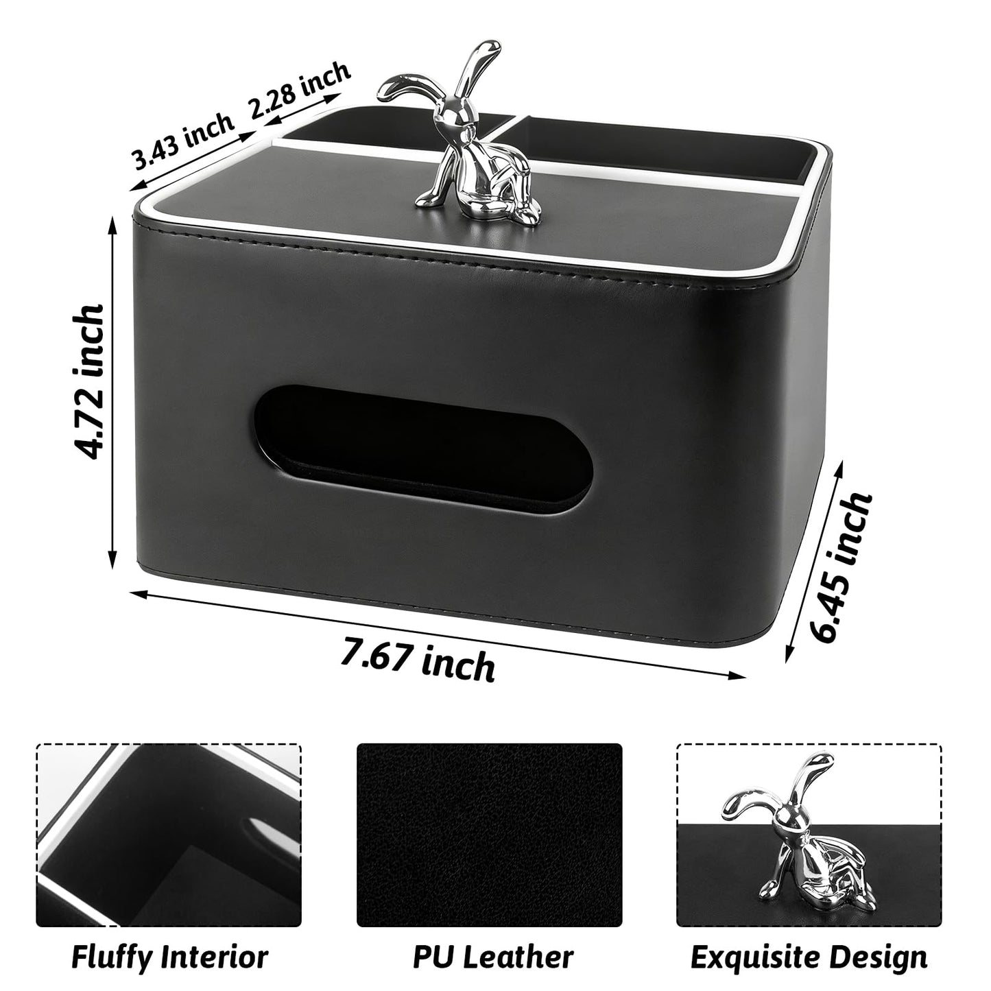 PU Leather Tissue Box Cover Square - Multifunctional Tissue Box Holder with Storage, Tissue and Remote Control Holder Organizer with Compartments for Bedroom Nightstand, Desk, Living Room (Black)