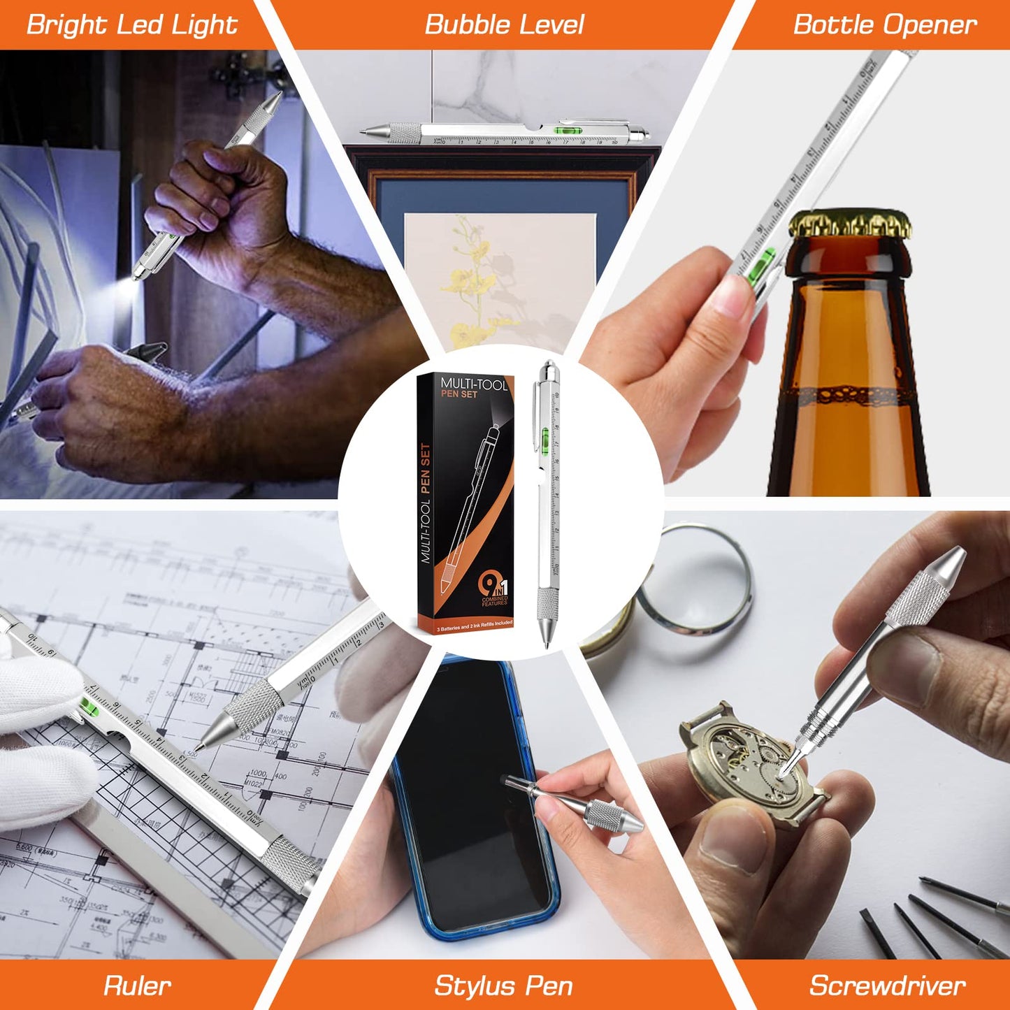 9 in 1 Multi-Tool Pen for Men, Tools with Ballpoint Pen, Screwdrivers, LED Light, Ruler, Stylus, Bubble Level and Bottle Opener, Practical Fathers Day Birthday Gifts for Men Dad Handyman DIY Lovers