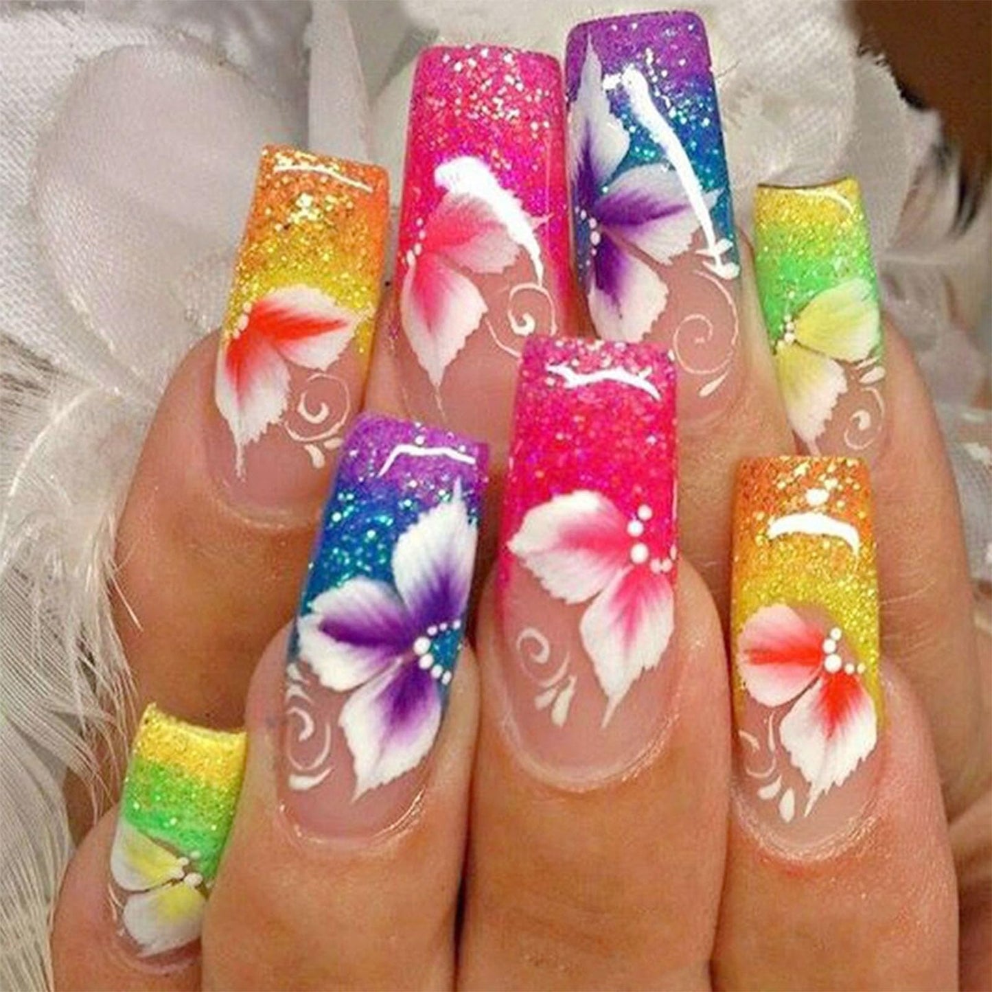 TUZANDW Coffin Press-on Nails with Glue - Flower Designs, Medium Length, Candy Colors, Glitter French Acrylic, Pink, Full Cover False Nails - 24 Pcs