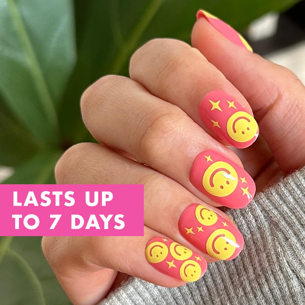 Olive & June Classic Super Stick Mani Press On Nails | No Glue Needed | 32 Tab Nails 16 Sizes | Non-Toxic Tabs Non-Damaging 7-Day Wear | Spring Flowers & Patterns | Short, Round| Happy All Over