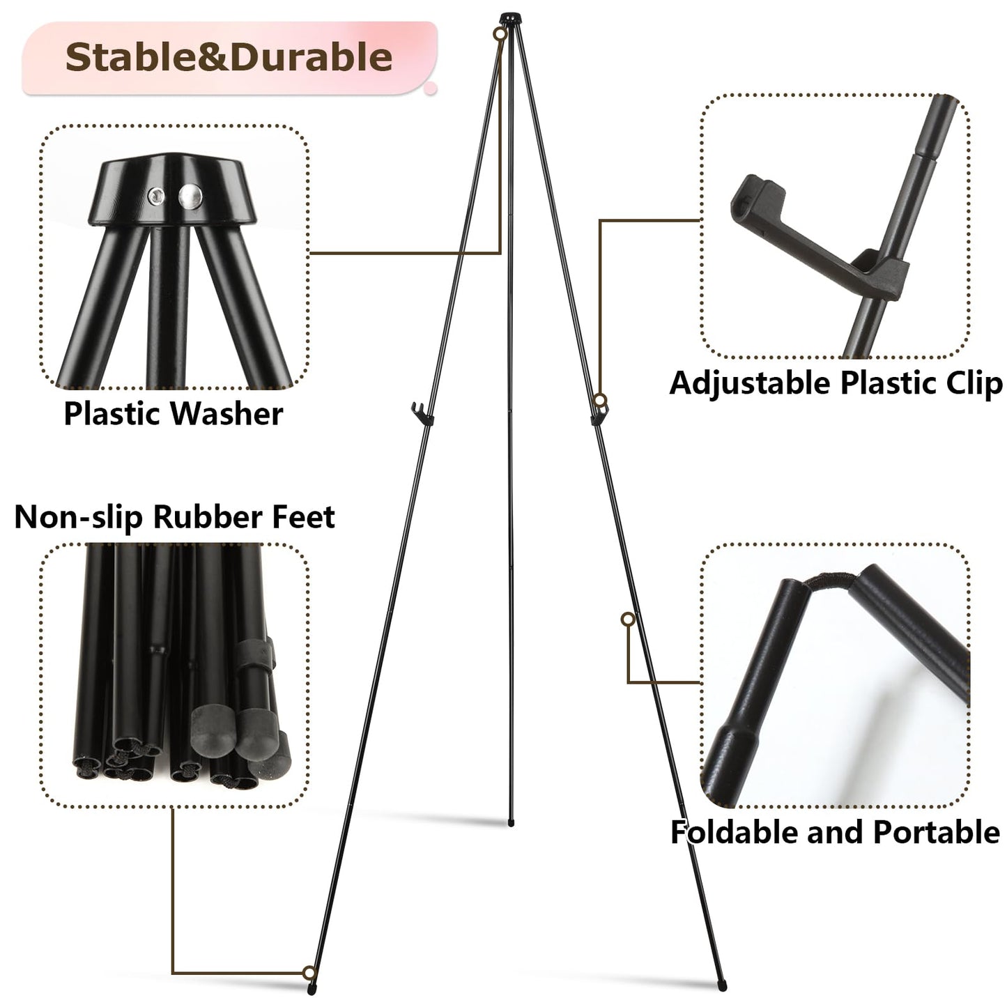 DAJAVE 6 Pack Display Easel Stand 63 Inch Folding Easels for Display, Portable Tripod Display Easel, Black Adjustable Metal Easel for Wedding Sign, Posters, Painting