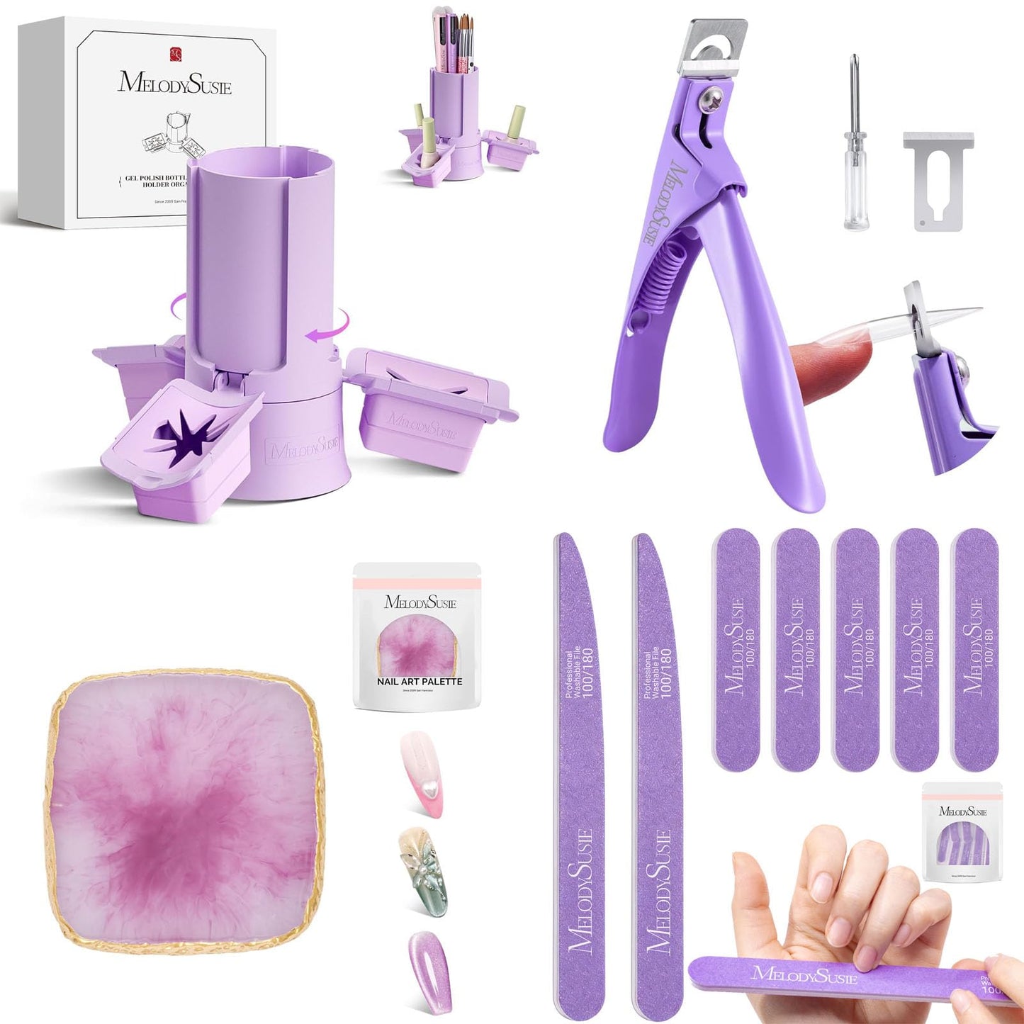 MelodySusie GelCarousel, 7Pcs Double Sided 100/180 Grit Nail Files and 1Pc Acrylic Nail Clippers with 1Pc Resin Nail Art Palette