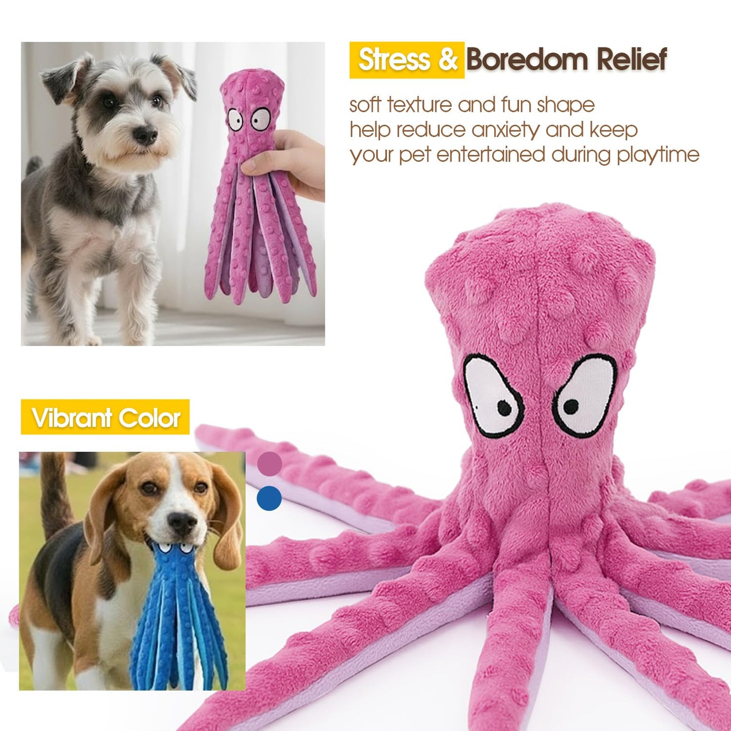 AdoPet Squeaky Octopus Dog Toy – No Stuffing, Crinkle Sound Plush Chew Toy for Small and Medium Dogs – Durable and Machine Washable – 2 Pack (Blue & Pink)