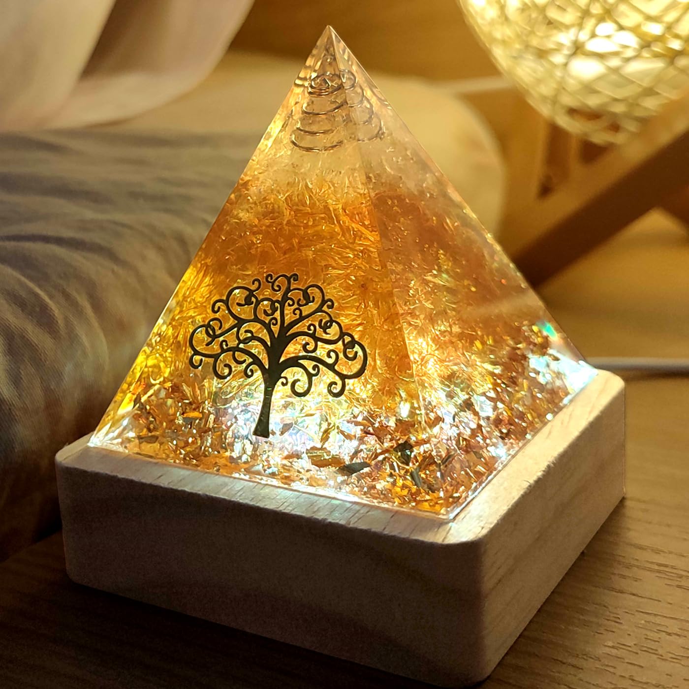 XQIGI Citrine Meditation Orgone Pyramid with Light Base– with Tree of Life – Ideal Chakra Crystal for Optimism Positivity Financial Abundance Luck Wealth Succes