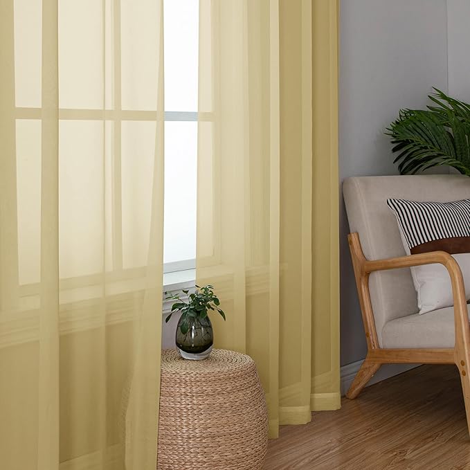 Simplebrand Gold Sheer Curtains 84 Inches Long 2 Panels, Light Filtering Rod Pocket Solid Color Window Sheer Curtain Panels, Elegant Curtains & Drapes for Living Room, Bedroom (Gold, 42" W x 84" L)