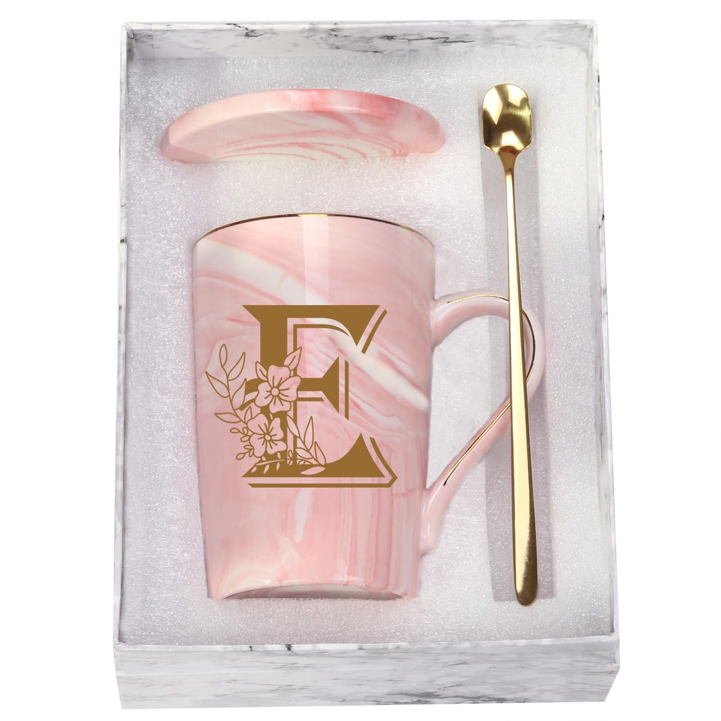 Letter E Personalized Initial Mugs with Flower, Letter E Personalized Novelty Coffee Mug, Novelty Letter Coffee Mugs for Women, Bridal Shower Gifts, Women's Initials Gifts Coffee Mug 14 Ounce Pink