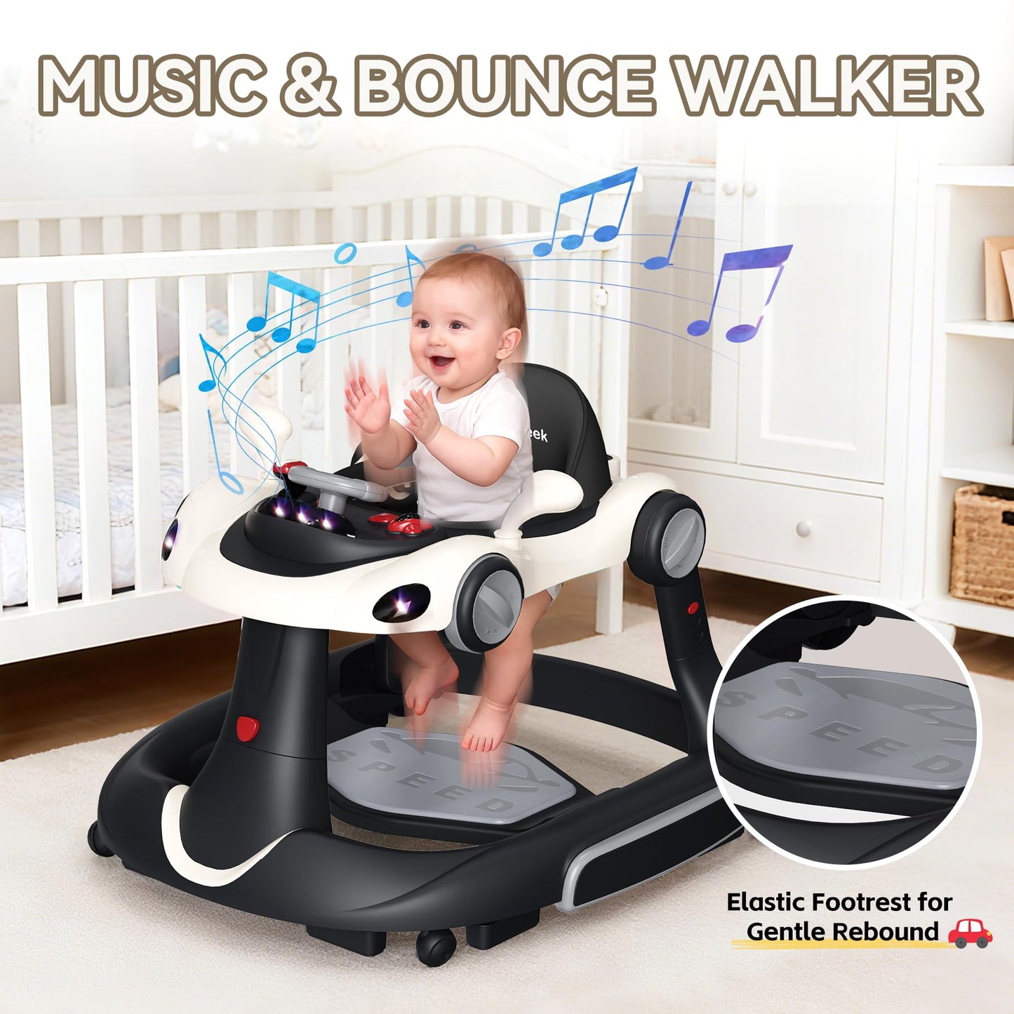 Baby Walker with Wheels, 7-in-1 Foldable Baby Walkers for Boys Girls 6-12 Months with Feeding Tray & Music, Lights,Rocker,Sun Canopy, Bouncing Pedal, Adjustable Wheel Speed, Push Walker (Black)