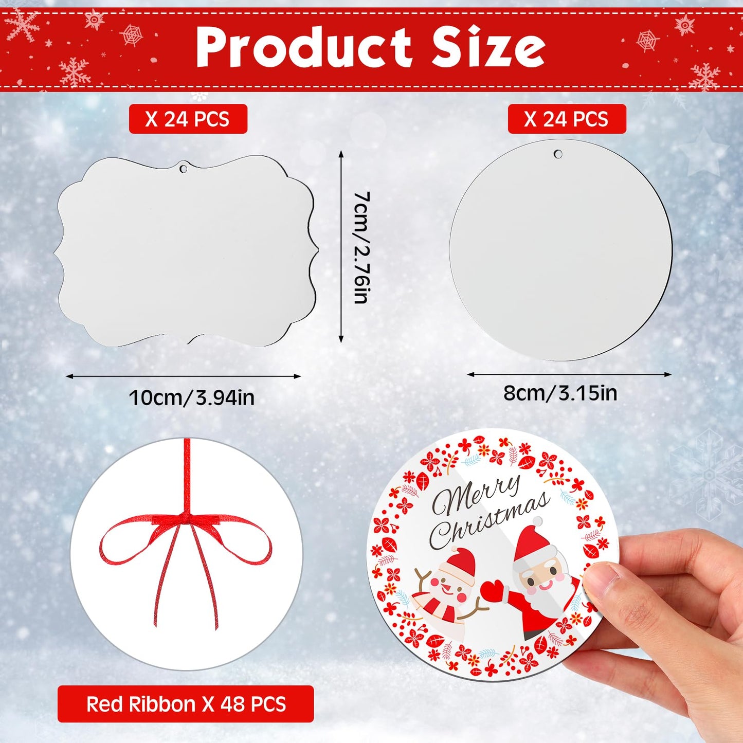 Jenaai 48 Pcs Sublimation Ornament Blanks Double Sided MDF Sublimation Christmas Ornaments Blanks Bulk for Christmas Tree Decor DIY Crafts with Red Ribbon, DIY Handmade Crafts Ornaments(3.15 Inch)