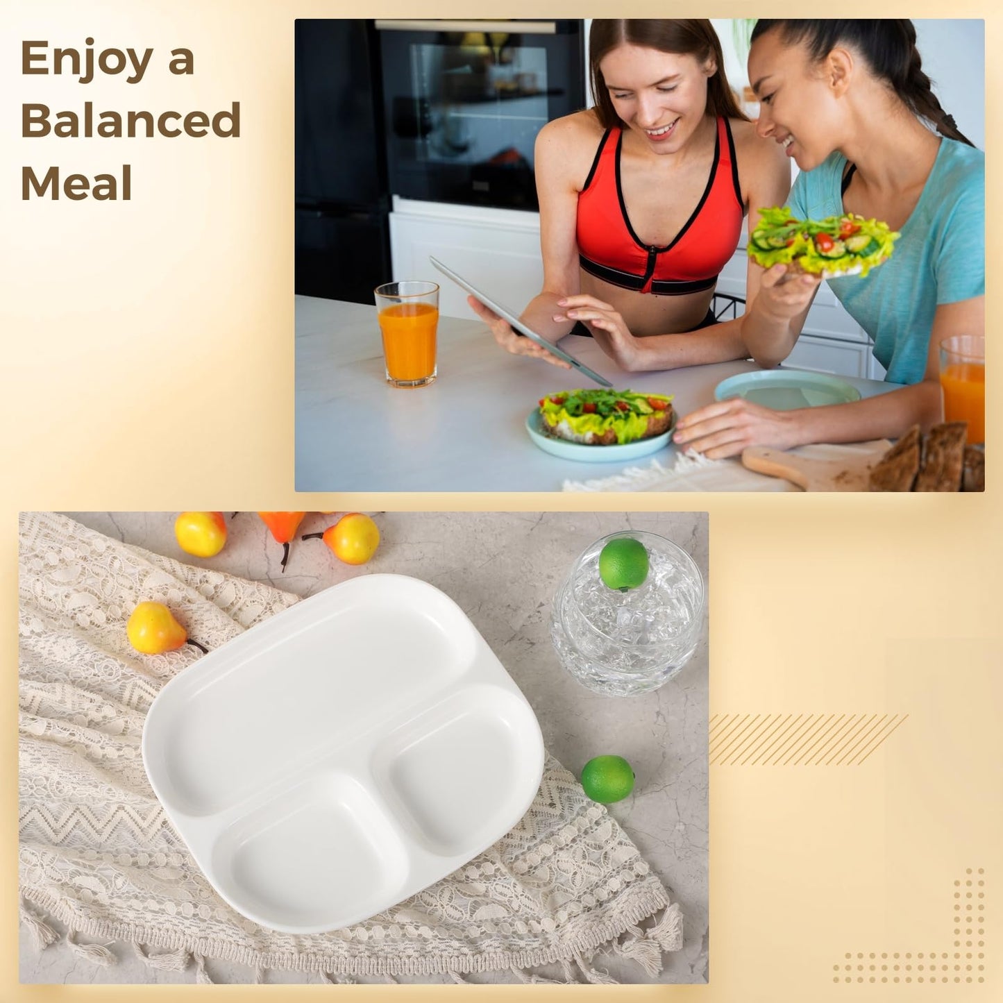 OMISTAR 2 Pcs Ceramic Plates for Kids, 8.5" Divided Plates for Adults, Portion Control Plate, White Ceramic Plate for Balanced Meals, Diabetes and Weight Loss Diet