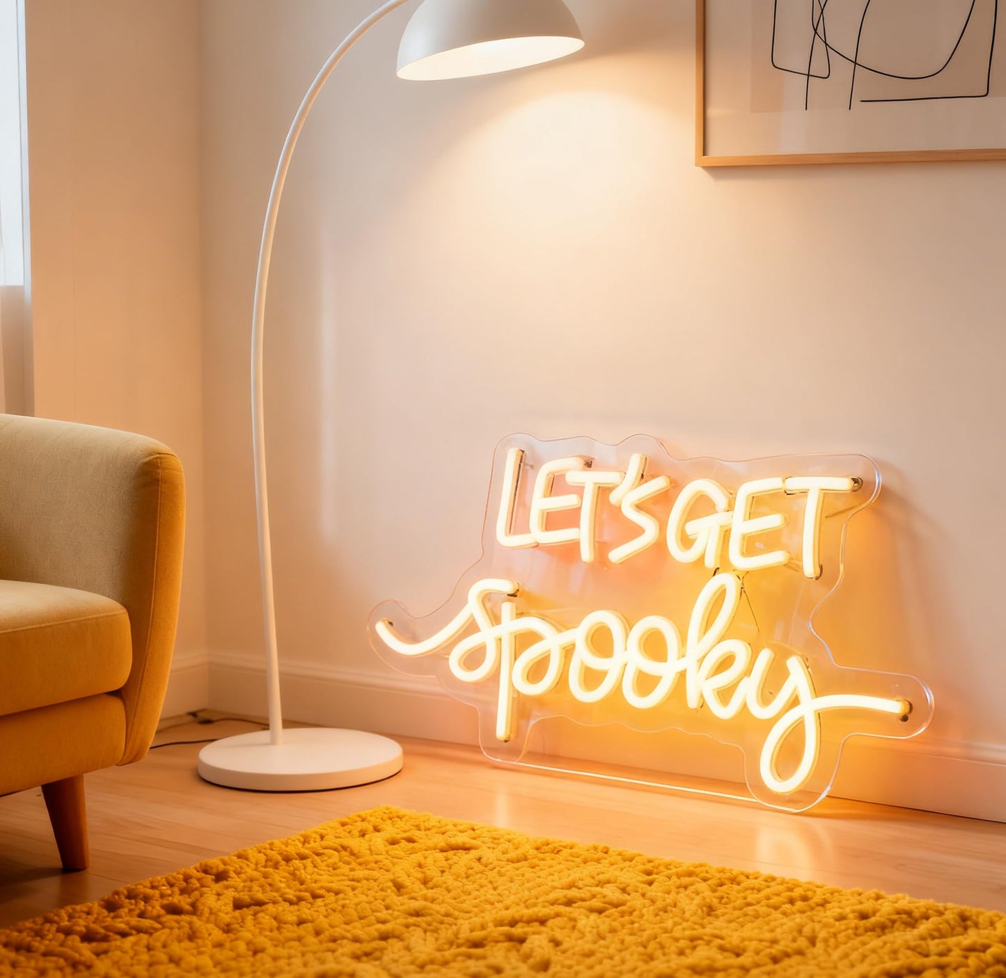 Lets Get Spooky White LED Neon Sign, USB Powered Dimmable Decorative Neon Light Home Living Room Haunted House Spooky Theme Party Wall Table Decor 16.7 x 8.9 In