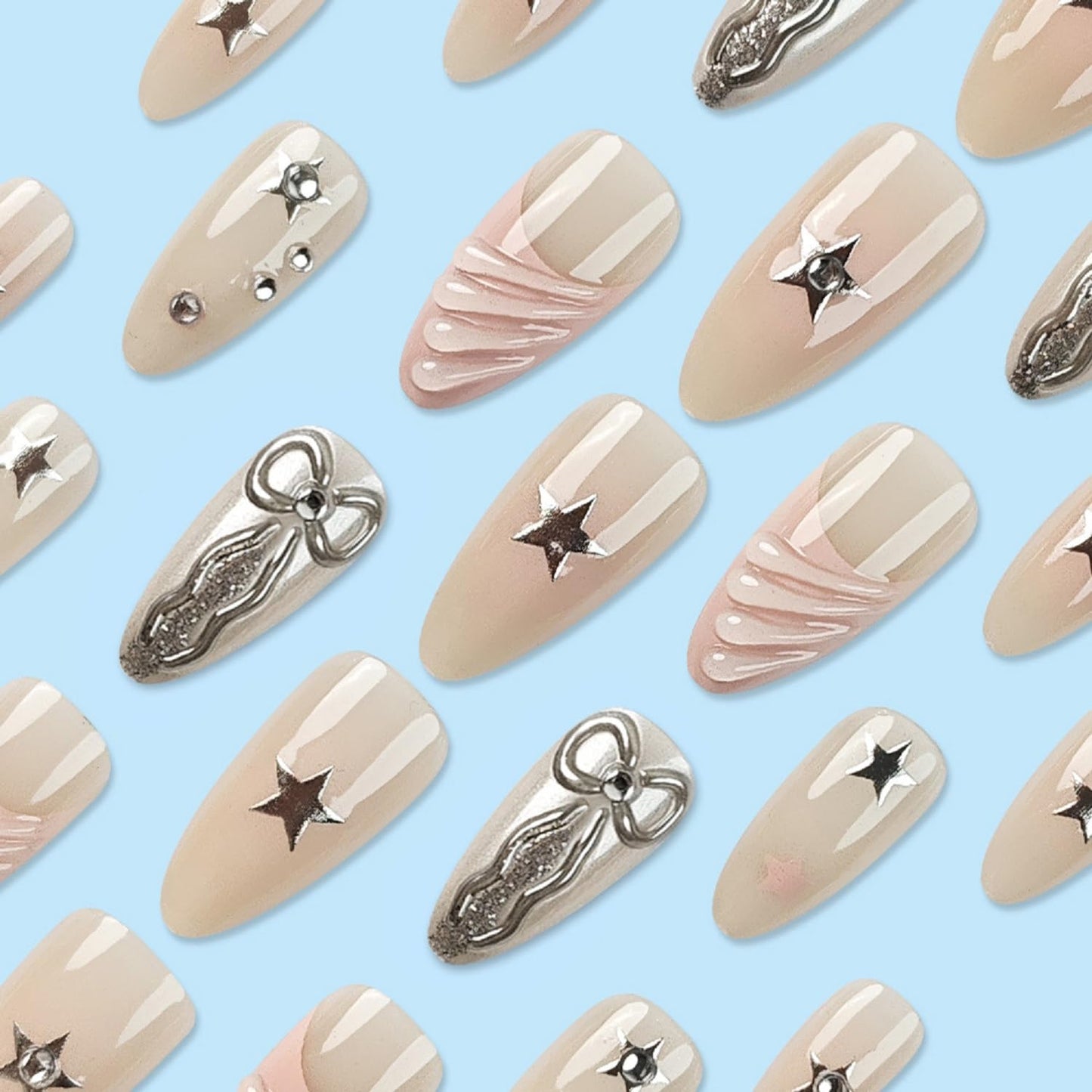 Almond Press On Nails Medium Fake Nails Bow With Star Rhinestone Design French Tip False Nails Full Cover Acrylic Nails Artificial Reusable Glue On Nail Stick On Nail For Women Manicure Art 24pcs
