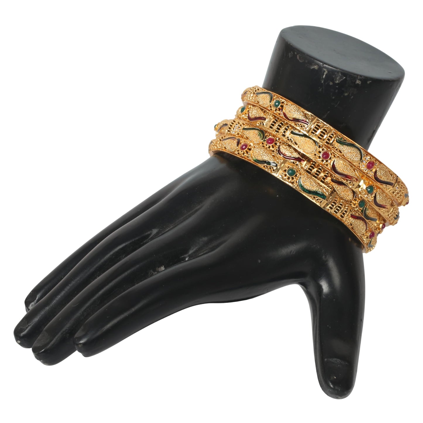 Touchstone "Golden Bangle Collection Indian Bollywood Desire Carved Conch Shell Inspired Faux Ruby Emerald Thick Designer Plus Size Jewelry Bangle Bracelet. Set of 4. In Gold Tone For Women