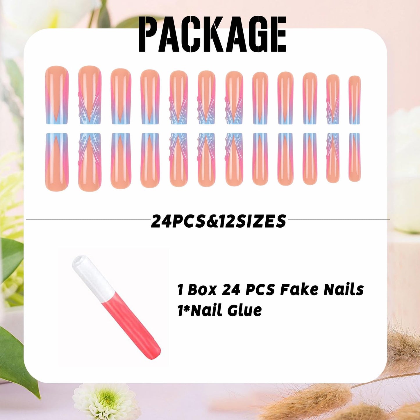 IMSOHOT Press on Nails Long Square Fake Nails Blue Pink French Tips False Nails with 3D Designs Designs Full Cover Acrylic Artificial Glossy Stick on Nails