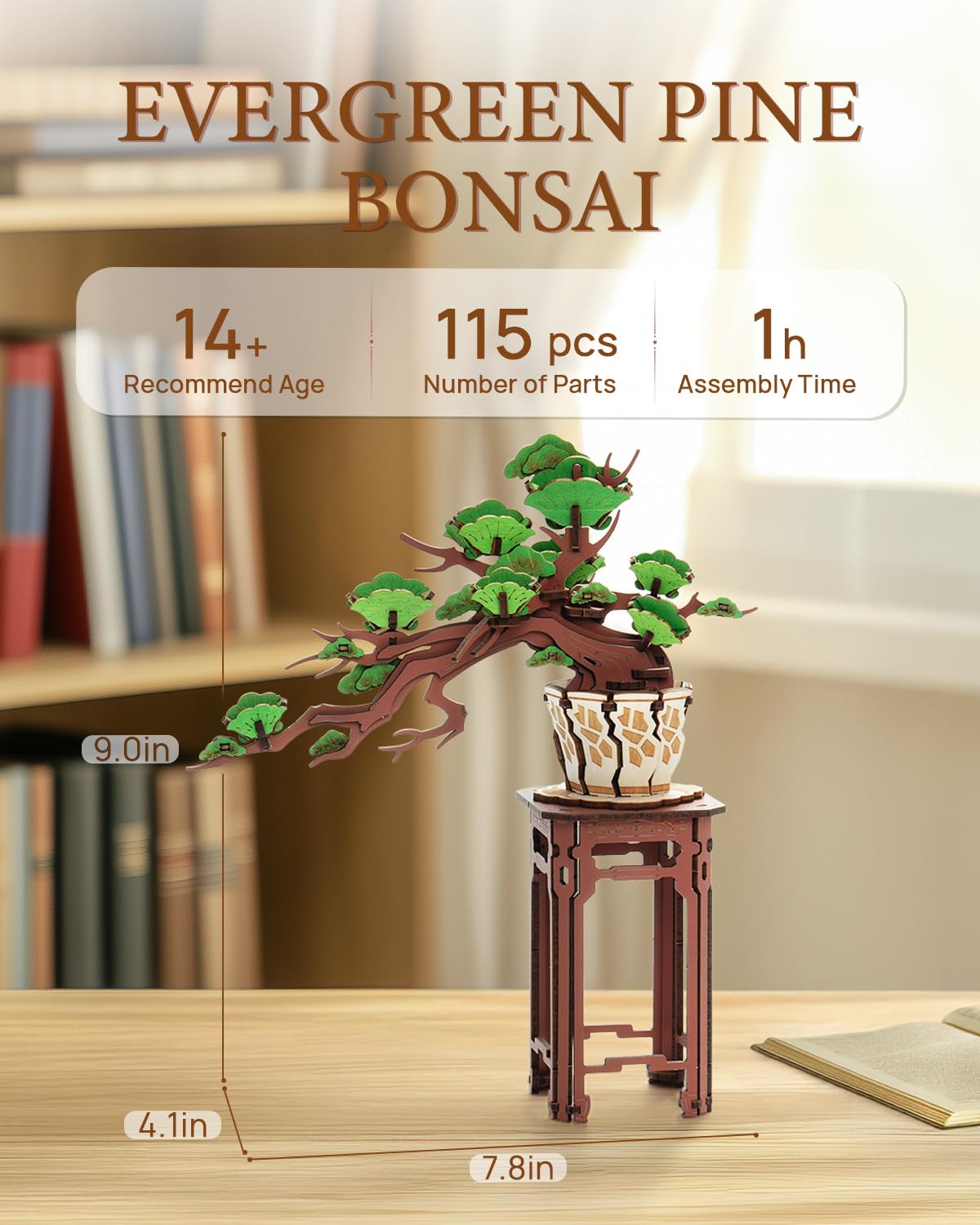 Wowood 3D Wooden Puzzle for Adults - Evergreen Pine Bonsai, DIY Wood Model Kit, Creative Craft Kit, Unique Gift and Home Decor for Nature Lovers (115PCS)