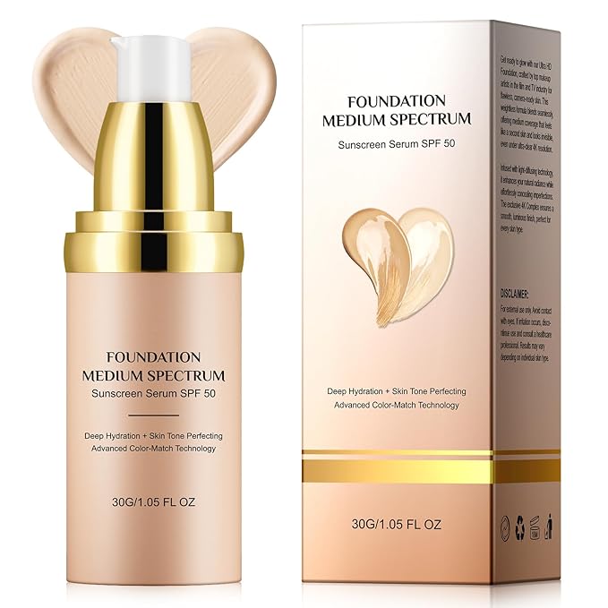 4 in 1 Foundation Liquid, Medium Spectrum Coverage Makeup with SPF 50+, Hydrating & Longwearing & Waterproof Color Changing Foundation for Gym, Sports, Dancing