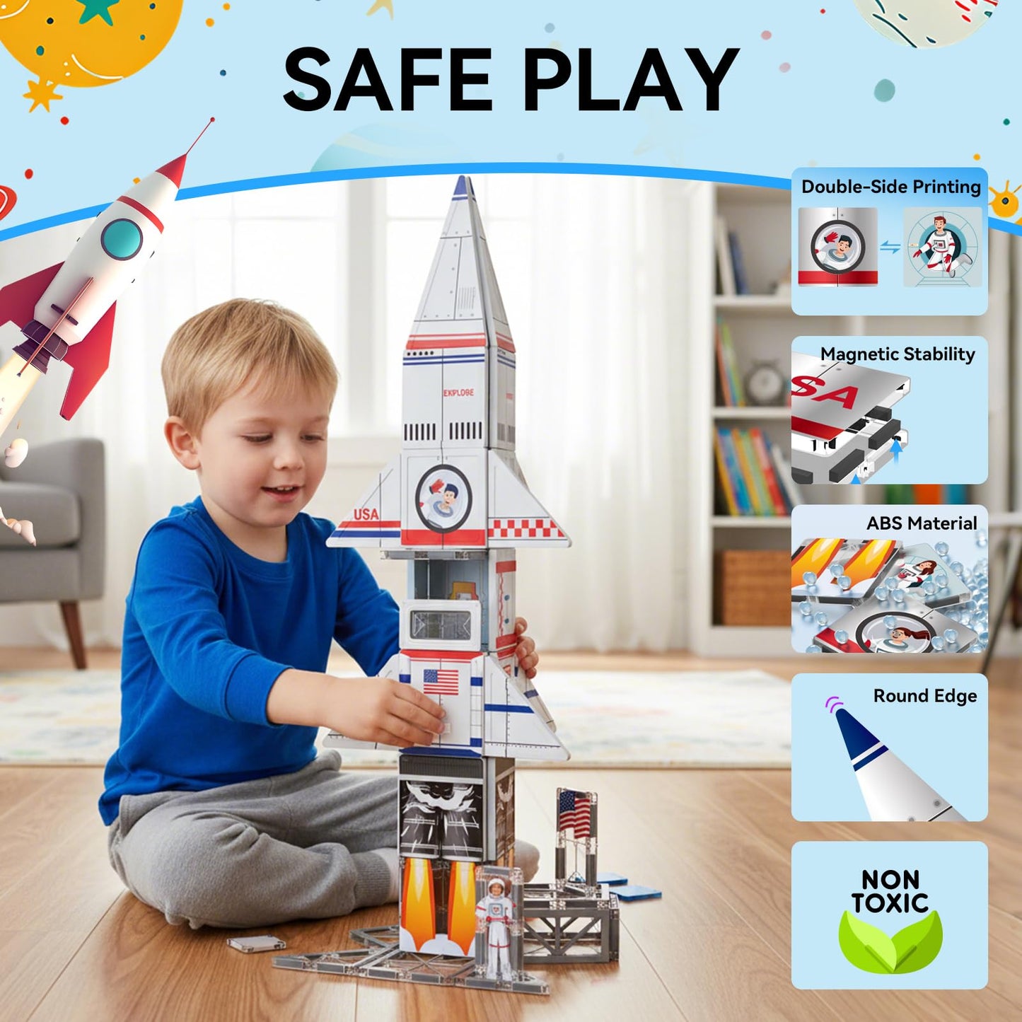 AFUNX Magnetic Tiles Space Rocket Set,46 PCS Magnetic Building Blocks for Kids 3+, STEM Learning Toys, Safe & Durable Creative Construction Play, Gift for Boys & Girls