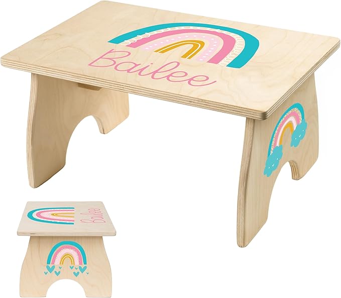 Rainbow Step Stool for Toddlers- Personalized Wood Kids Step Stool with Name for Kitchen Sink, Bathroom, Potty Training, Toilet, Kitchen Sink- Sturdy and Safe- Made in USA by BloomOwl (Rainbow)