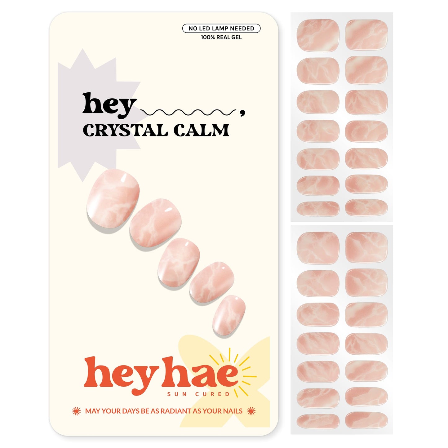 Heyhae Semi Cured Gel Nail Strips | No LED Lamp Needed | Pink, Marble | Easy Apply & Remove, Salon Quality | Includes 28 Strips, 1 Prep Pads, Nail File & Wooden Stick - Hey, Crystal Calm