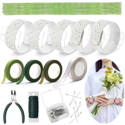 AHIER 161 PCS DIY Wrist Corsage Making Kit with 5P Wrist Corsage Bracelets, Floral Wire and Cutter, Floral Tape, Pin, Ribbon for Wedding Party Boutonniere Supplies