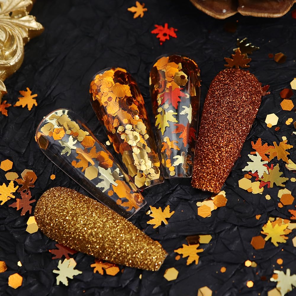 Golden Fall Nail Art Glitters Maple Leaf Nail Sequins, LPOODDNU Autumn Leaves Nail Decoration Accessories 3D Maple Leaves Nail Decals Professional Fall Nail Designs for Women Manicure DIY, 6 Jars
