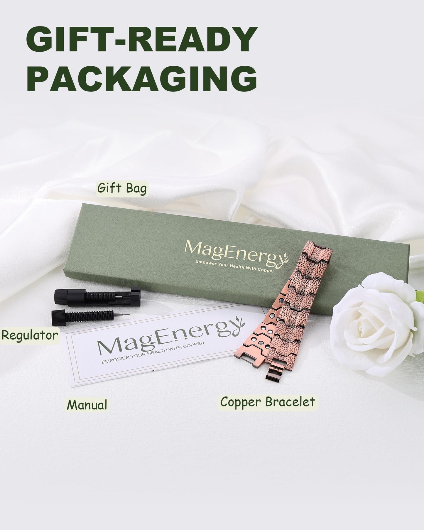 MagEnergy Copper Bracelet for Men, 3X Strength Magnetic Bracelet with 3800 Gauss Magnets, Hammered Design&Patent Pending, Adjustable Length with Sizing Tool