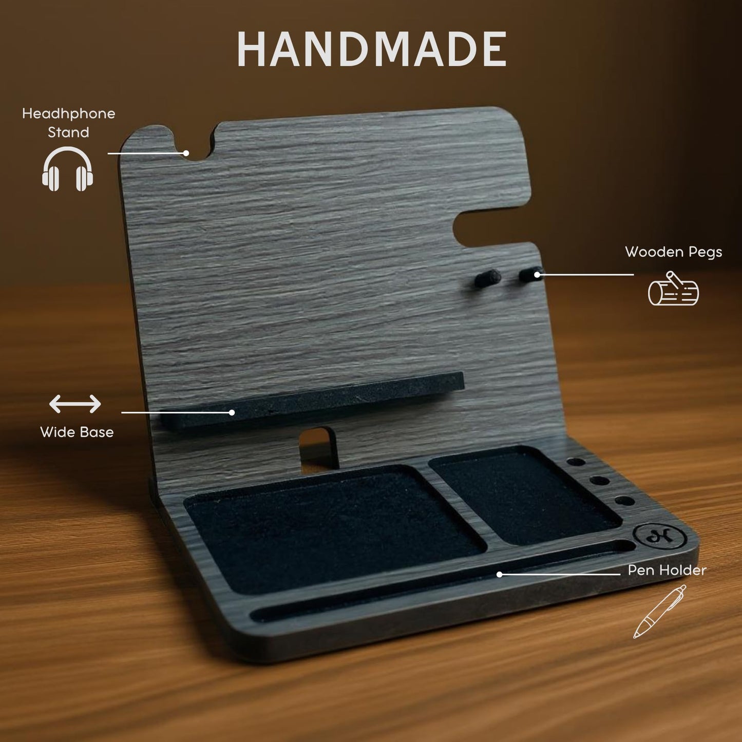 Namore Wood Phone Docking Station for Men – Nightstand & Desk Organizer with Valet Tray for Wallet, Watch & Keys – Bedside Organizer Gift for Husband or Dad