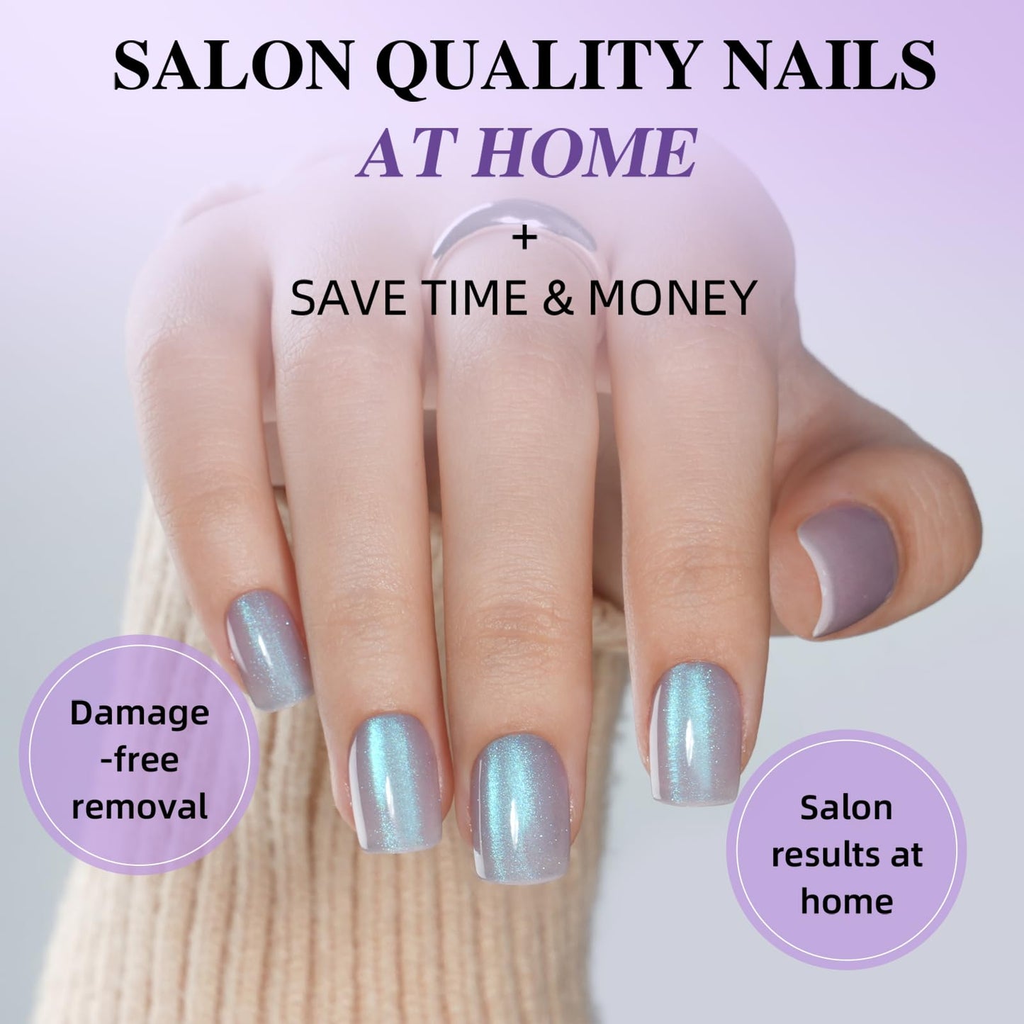 Silver Gray Cat Eye Press On Nails - Short Square Blue Magnetic Cat Eye Press On Nails, Reusable Fake Nails Kit with Nail Glue, 30PCS 15 Sizes