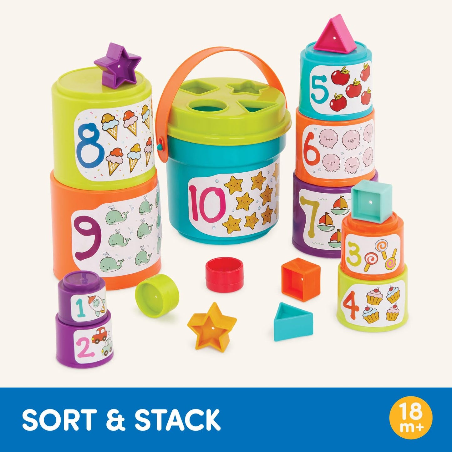 Battat – Nesting Sorter Set – 19 Pieces Stacking Bucket Sort Set – 10 Cups & 8 Shapes – Educational & Dexterity Toys – 18+ Months – Sort & Stack