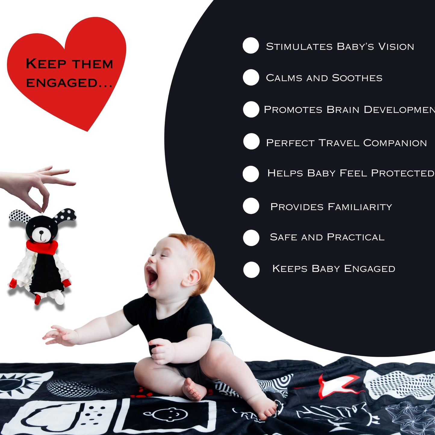 High Contrast Baby Security Blanket-Soft Sensory Lovey for Babies-Red, Black and White Blankie Comfort Toy (Spot the Pup)