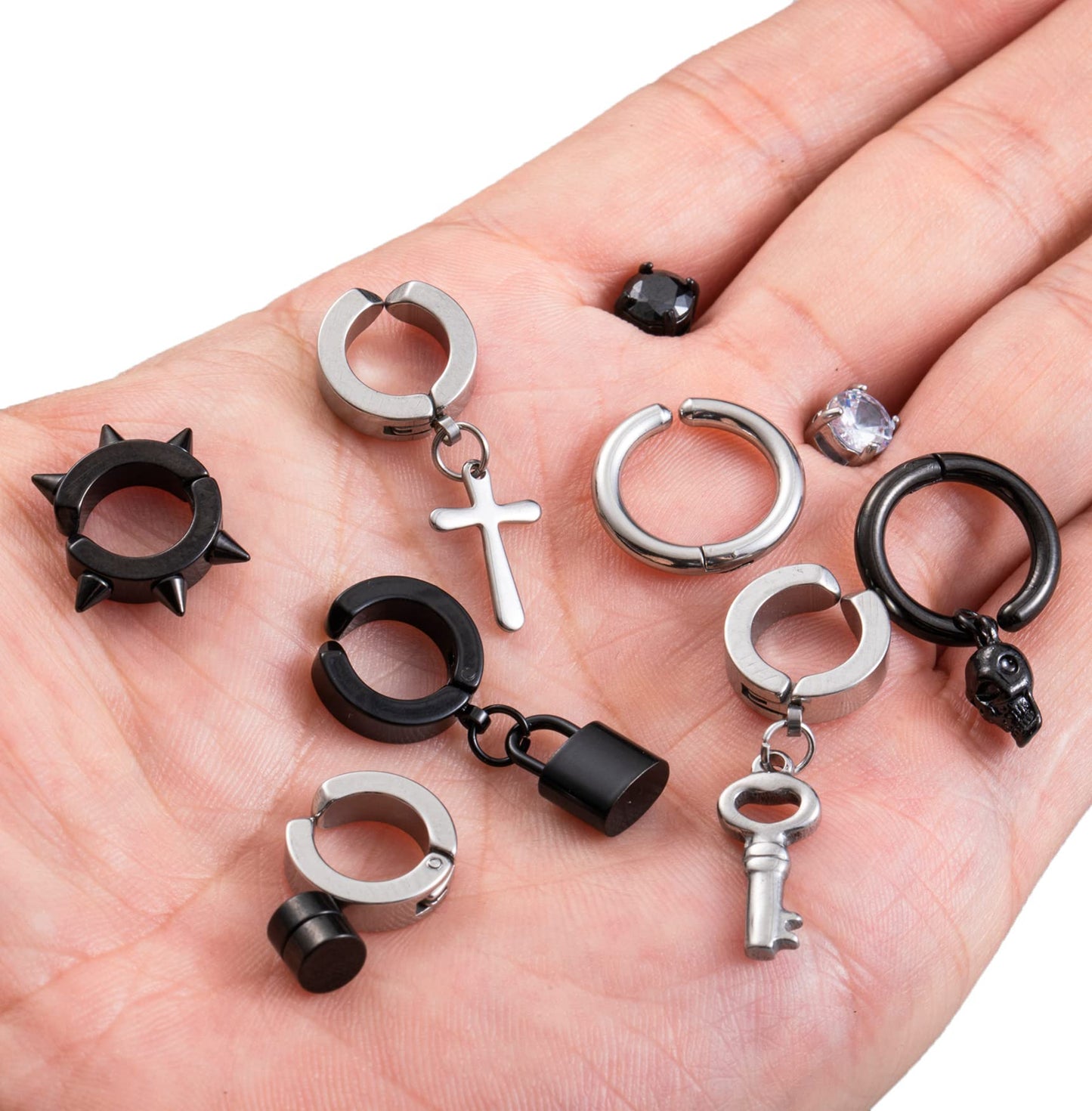 YOVORO 22Pcs Stainless Steel Non Pierced Earrings for Men Women Non-piercing Stud Earrings Dangle Hoop Earrings Clip On Earrings Punk Huggie Earrings Set Silver