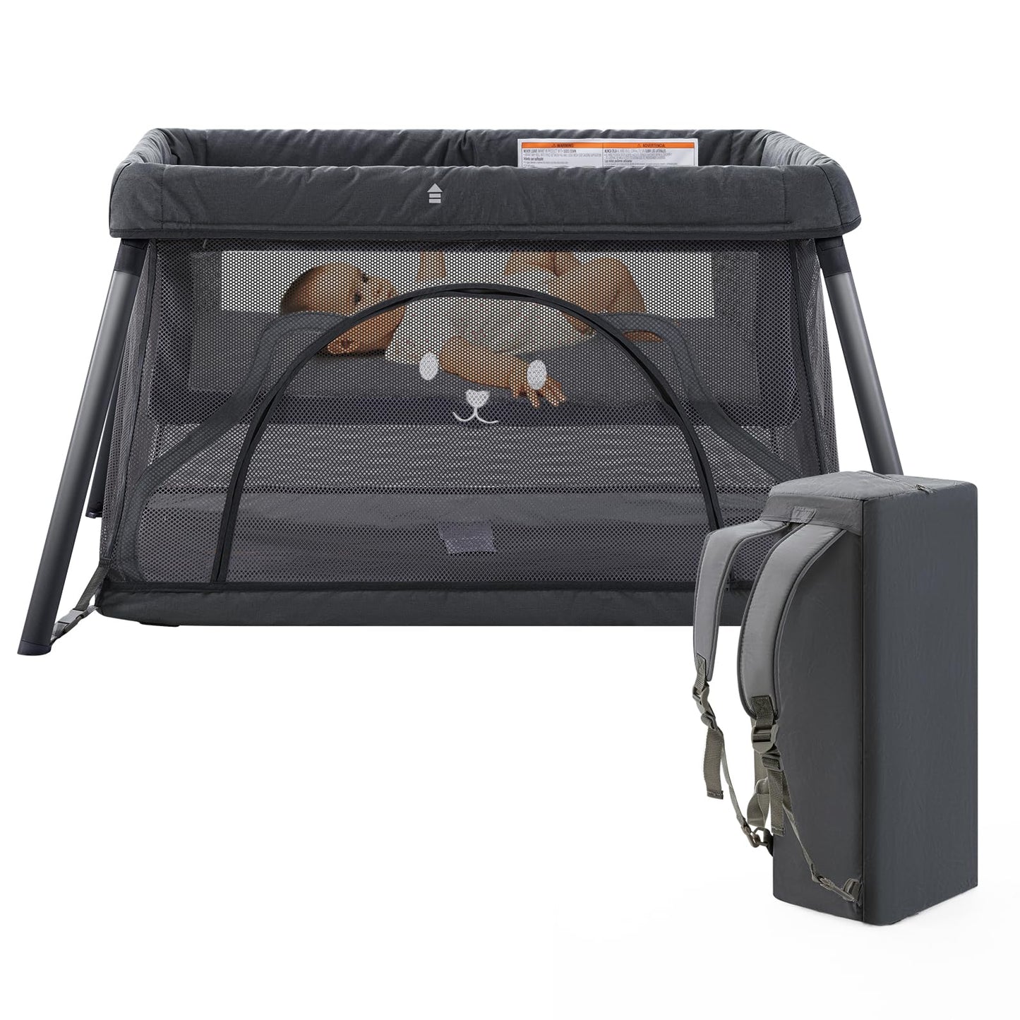 Sporary Travel Crib, Portable Crib for Baby, Pack and Play for Babies and Toddler, Lightweight Backpack Design,Foldable Travel Baby Playpen with Mattress(Dark Grey)