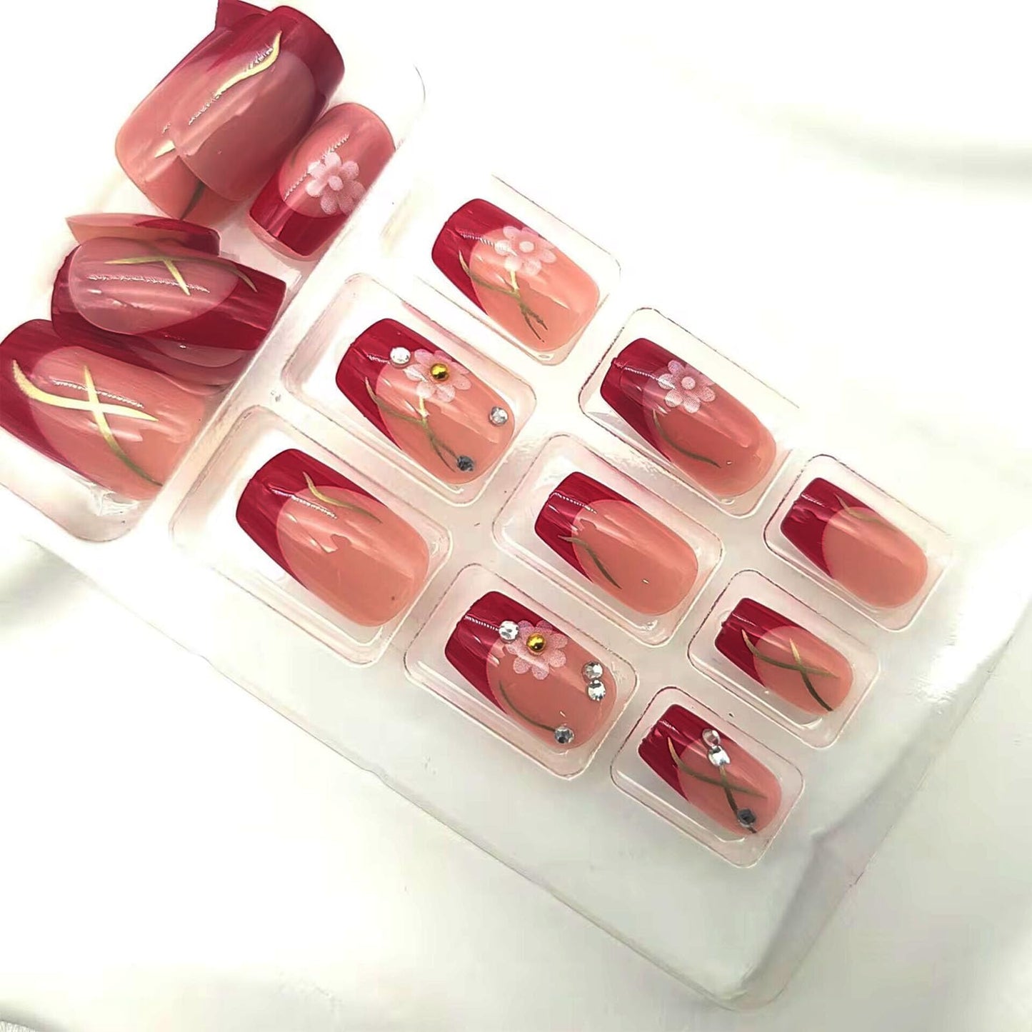 French Tip Press on Nails Square Medium Fake Nails Silver Lines Yellow Rhinestones Pink Flower Designs Glossy Nails Press ons Nude Glue on Nails Acrylic Artificial Stick on Nails for Women 24Pcs